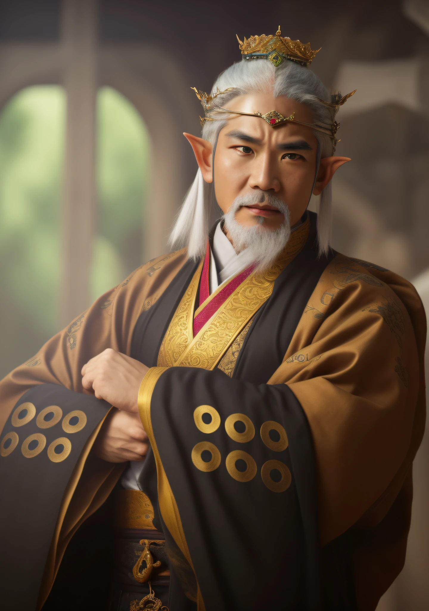 masterpiece, highest quality, (solo focus),, (high detail: 1.1),elf, man, chinese crown, 1guy,and white hair, solo green eyes, detailed background, cinematic lighting, wearing a detailed and intricate xianxia antique outfit --auto --s2