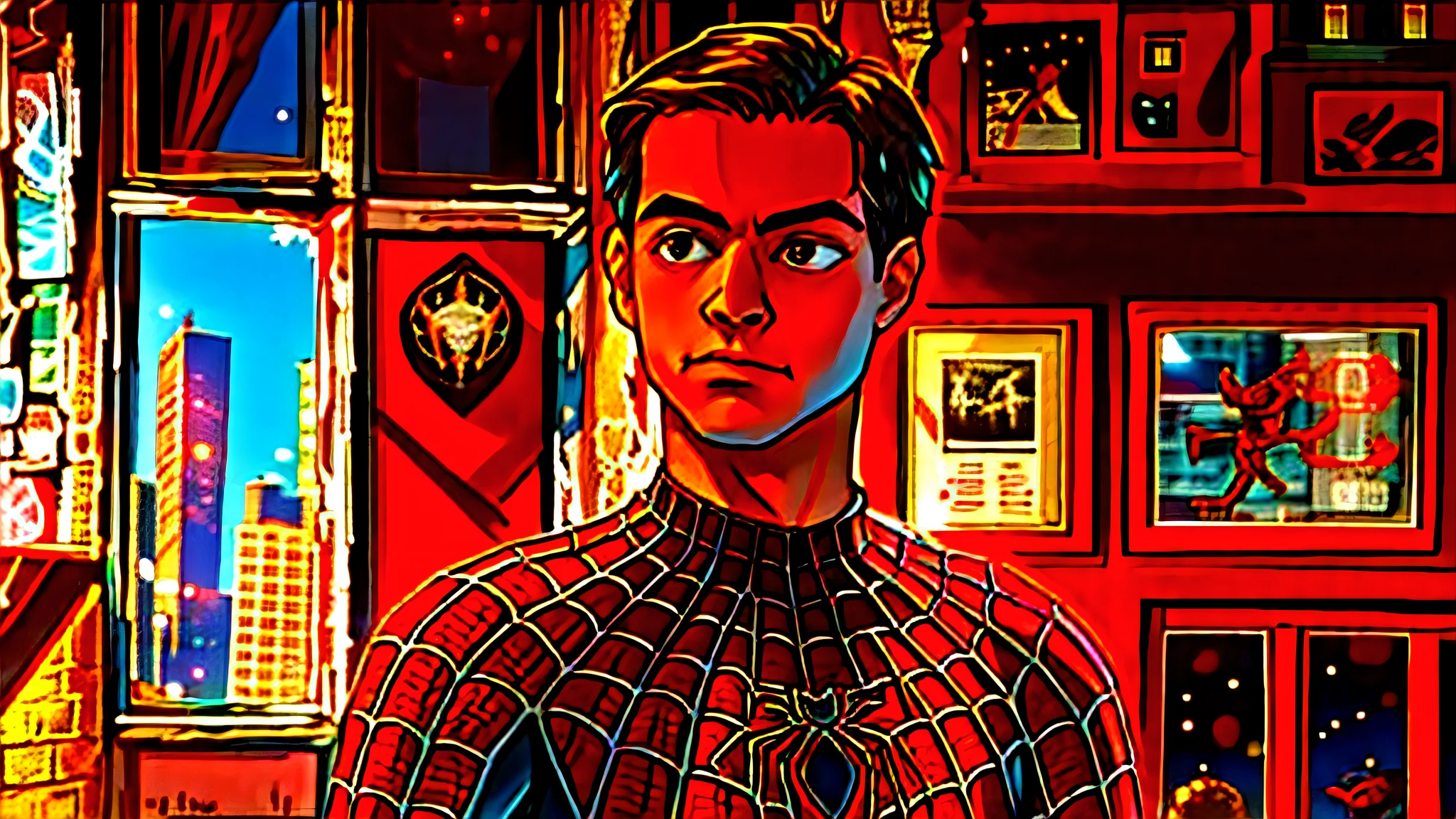 spider - man in a red suit standing in front of a window, tobey maguire, peter parker, peter parker as spiderman, spider-man, spider - man, portrait of spiderman, jesse pinkman as spider-man, spiderman, adi meyers, tom holland, andrew garfield, slightly smiling, 30 year old man, fan art, 2 2 years old