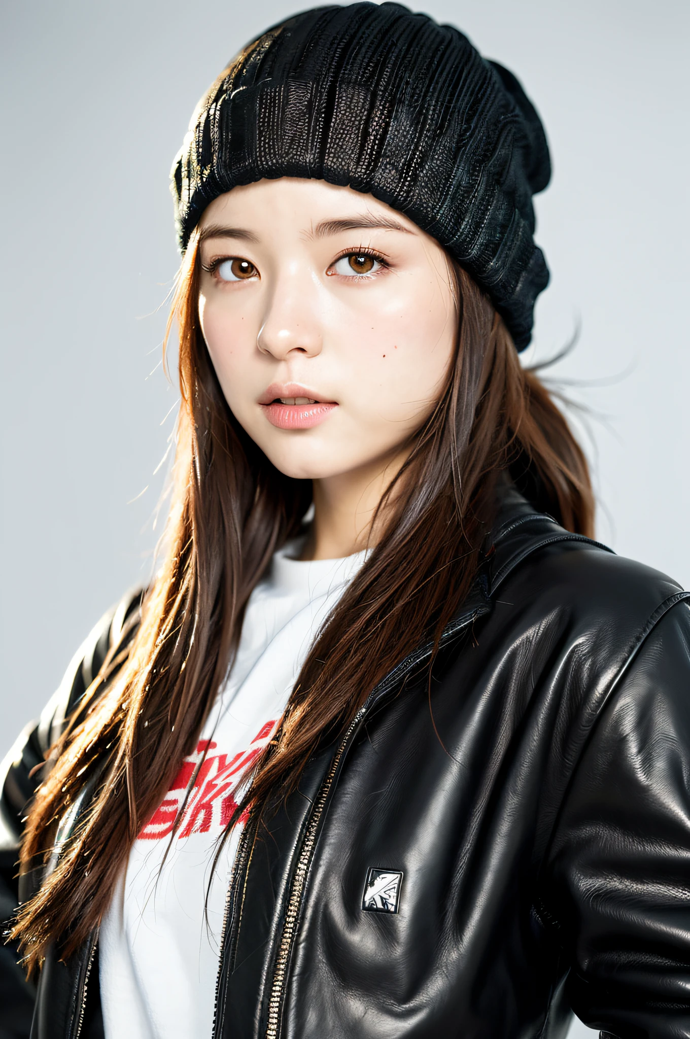 (
(8k:1.27), best quality, masterpiece, ultra highres:1.2) Photo of Pretty Japanese woman
 (beautiful:1.1) (sci-fi warrior woman:1.1) space soldier, (beanie:1.61) (leather jacket:1.21) intricate elegant, fantasy, detailed, ometric by greg rutkowski and alphonse mucha, gradient lighting