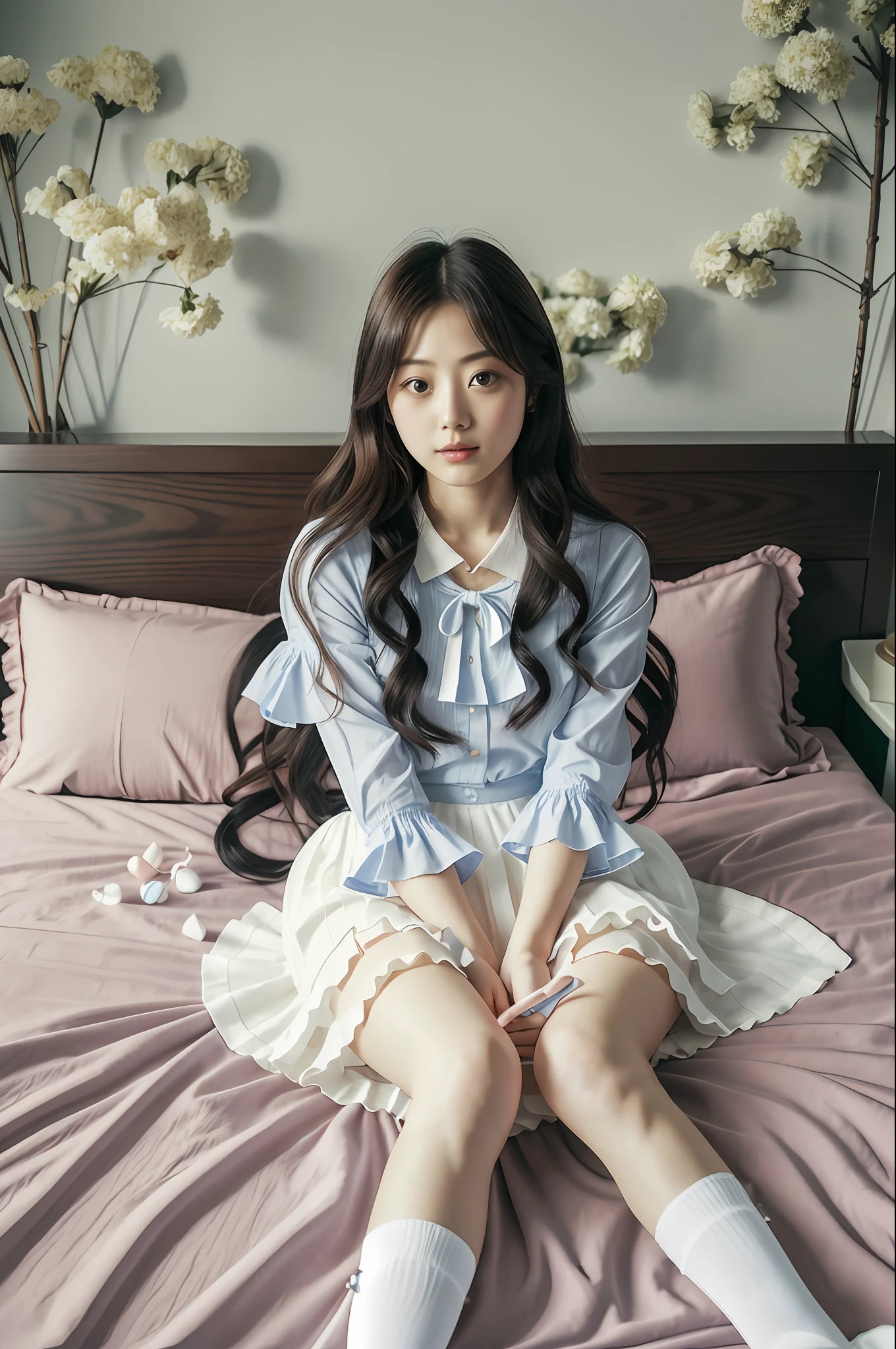 Satomi Ishihara, photorealistic, photorealistic, Japan person, 22 year old beautiful woman, full body, on bed, dream cute, pastel, ruffles, white blouse, long skirt, white ankle socks, cute face, cute: 2, lovely and cute, loosely wavy black hair, ribbon, blue skirt, ribbon tie, bra --auto --s2