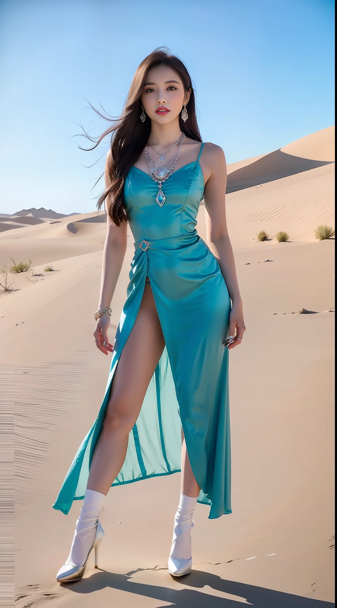 High contrast, (8K wallpapers: 1.3), realistic, octane rendering, realistic, (realistic face: 1.2), sharp focus, (masterpiece), (best quality), (mirror lighting: 1.5), face light, (goddess, flowing long hair:1.3), noble and gorgeous, 1 goddess, real and slim figure, sky blue and light pink evening dress, crystal necklace, gorgeous fabric, diamond earrings, metal bracelet, atmospheric walking posture, red lips, high heels,white stockings, lighting effects, Shine, blue sky, desert, (gorgeous:1.2), (elegant:1.1), (confident:1.1)