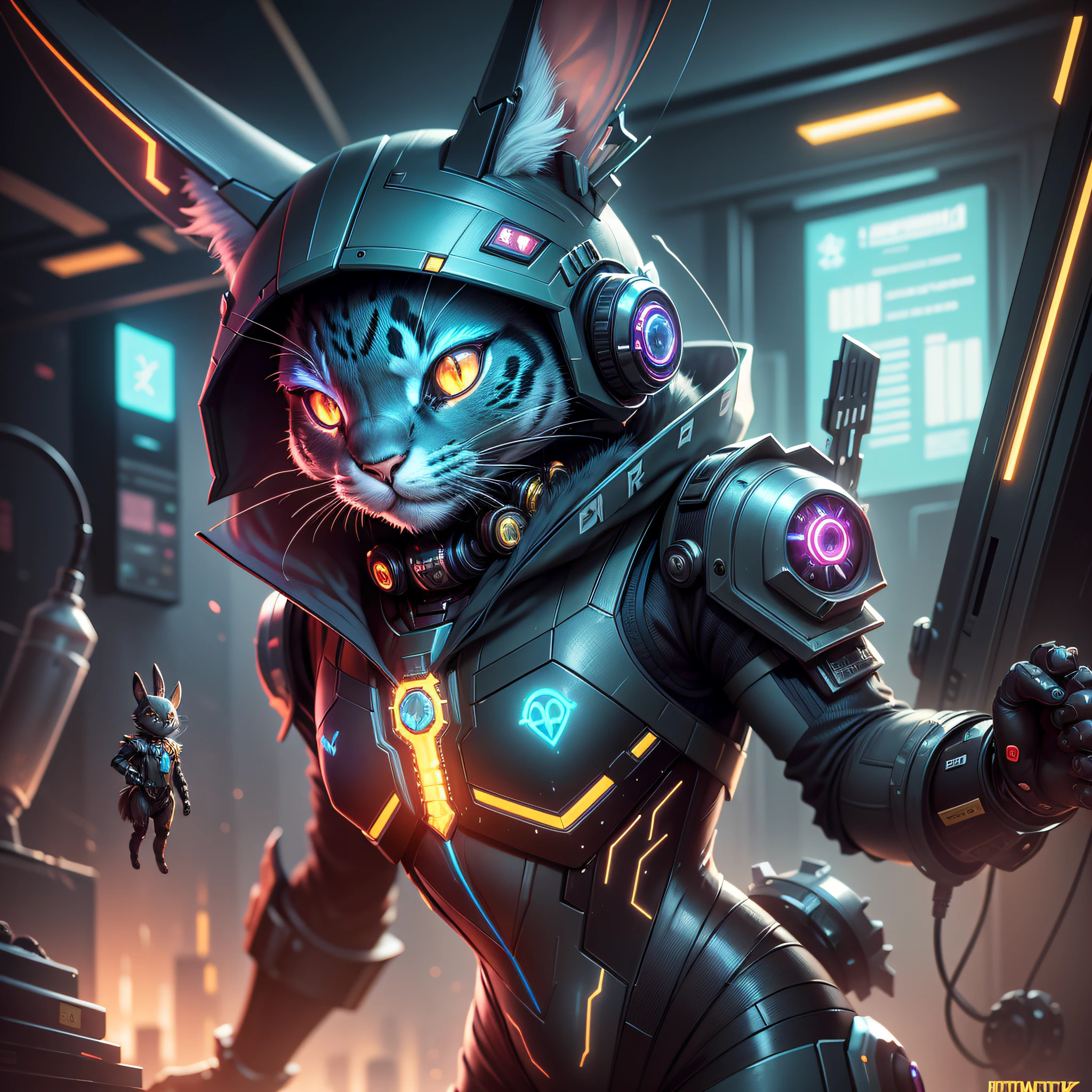 Mechanical cat with bright eyes, wearing a suit, cyberpunk cyborg horned cat, electrixbunny, bunny warrior, wojtek fus, rabbit_character, robot cat, bunnypunk, anthropomorphic cat, epic science fiction character art, cyberpunk pikachu, epic science fiction character art, epic science fiction character art, alice in cyberpunk wonderland --auto --s2