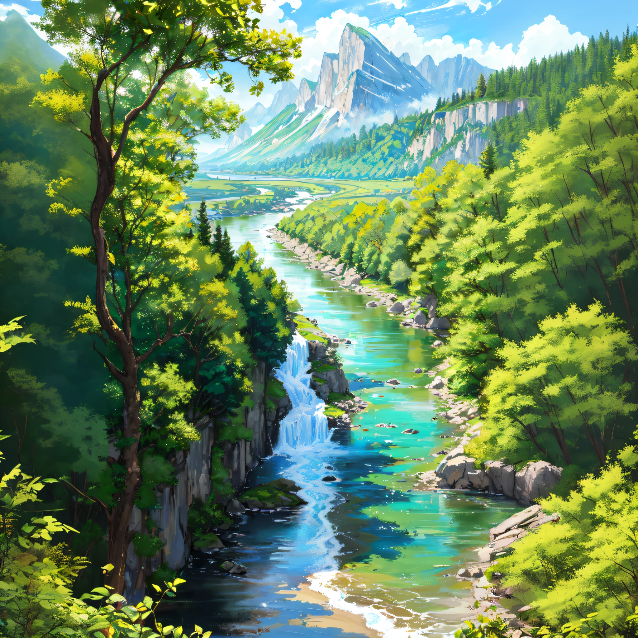 painting of a river running through a forest with a mountain in the background, mountains river trees, scenery artwork, scenery art detailed, detailed painting 4 k, by Franz Hegi, painted in anime painter studio, forest and river, with waterfalls and river, detailed digital painting, detailed scenery —width 672, near a river, very detailed digital painting, nature painting
