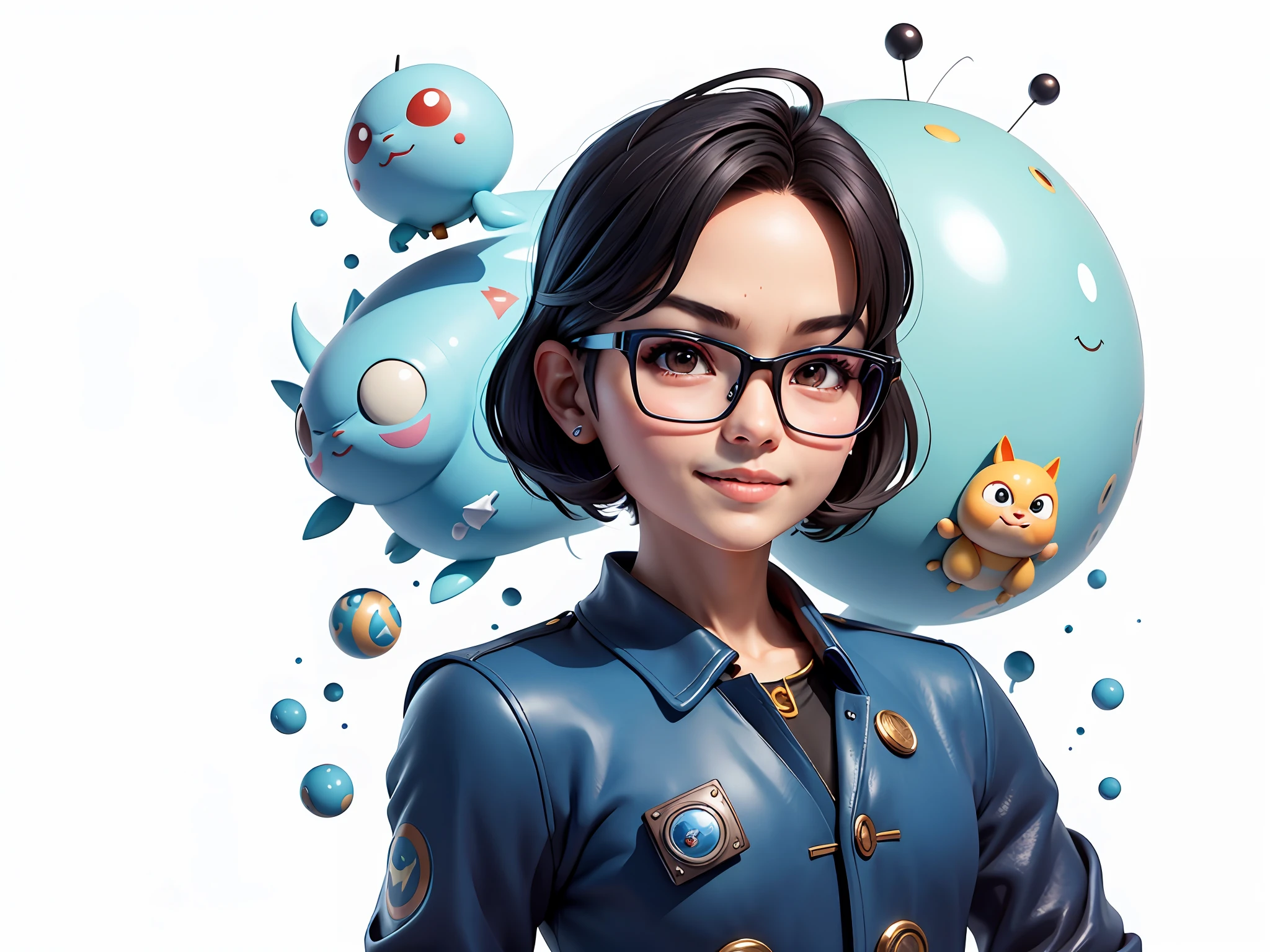 Masterpiece), (Excellent), (Super Meticulous), (Full Body: 1.2), Super Young Woman, Beautiful, Sexy, Bursting, Oriental Face, TV Anchor, Bust Portrait Illustration, Alone, Black Suit, Blue Tie, Silver Glasses, Slightly Chubby Face, Very Clean Face, No Beard, Black Super Short Hair, Black Eyes, Confident Smile, 3c Computer Sub-Products, iPad, iPhone, Digital Painting, 3D Character Design by Akira Toriyama with Mark Claireden and Pixar and Hayao Miyazaki, The illustration is a high-definition illustration in 4K resolution with very detailed facial features and cartoon-style visuals.