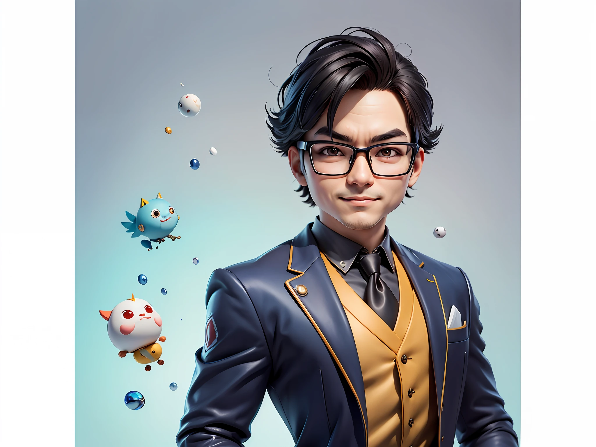 Masterpiece), (Excellent), (Super Meticulous), (Full Body: 1.2), Super Young Woman, Beautiful, Sexy, Bursting, Oriental Face, TV Anchor, Bust Portrait Illustration, Alone, Black Suit, Blue Tie, Silver Glasses, Slightly Chubby Face, Very Clean Face, No Beard, Black Super Short Hair, Black Eyes, Confident Smile, 3c Computer Sub-Products, iPad, iPhone, Digital Painting, 3D Character Design by Akira Toriyama with Mark Claireden and Pixar and Hayao Miyazaki, The illustration is a high-definition illustration in 4K resolution with very detailed facial features and cartoon-style visuals.