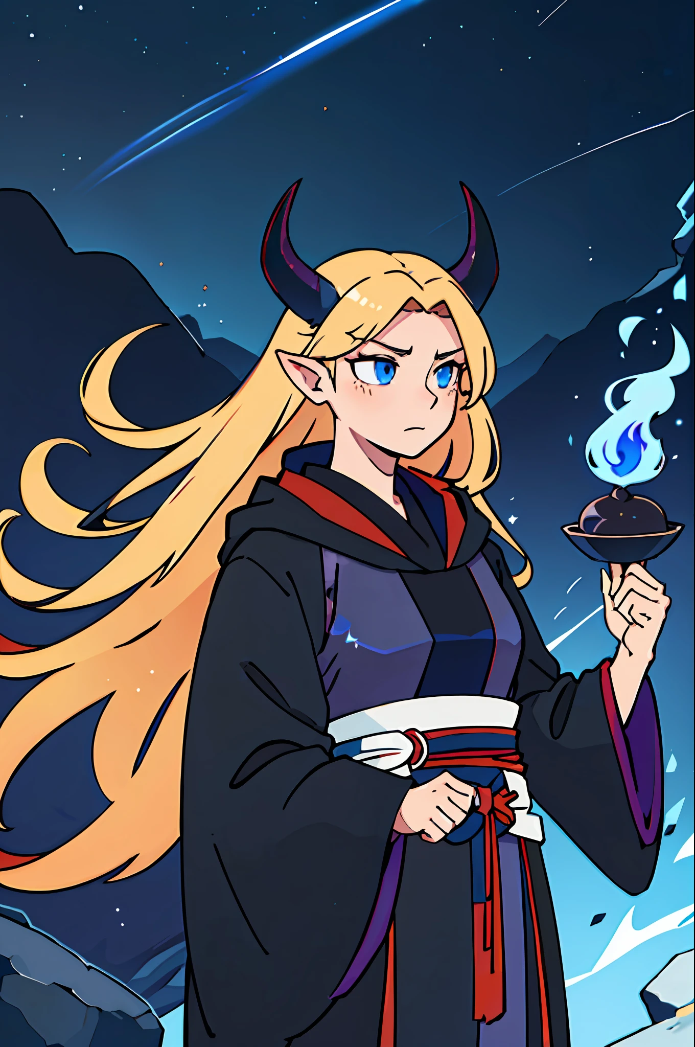 Masterpiece, 4k, best quality, solo, feminine appearance, body without suppers, red horns, blonde stuck hair, blue eyes, black robe, serene expression, mysterious aura, asexual, connection with the maho, huge counts.
