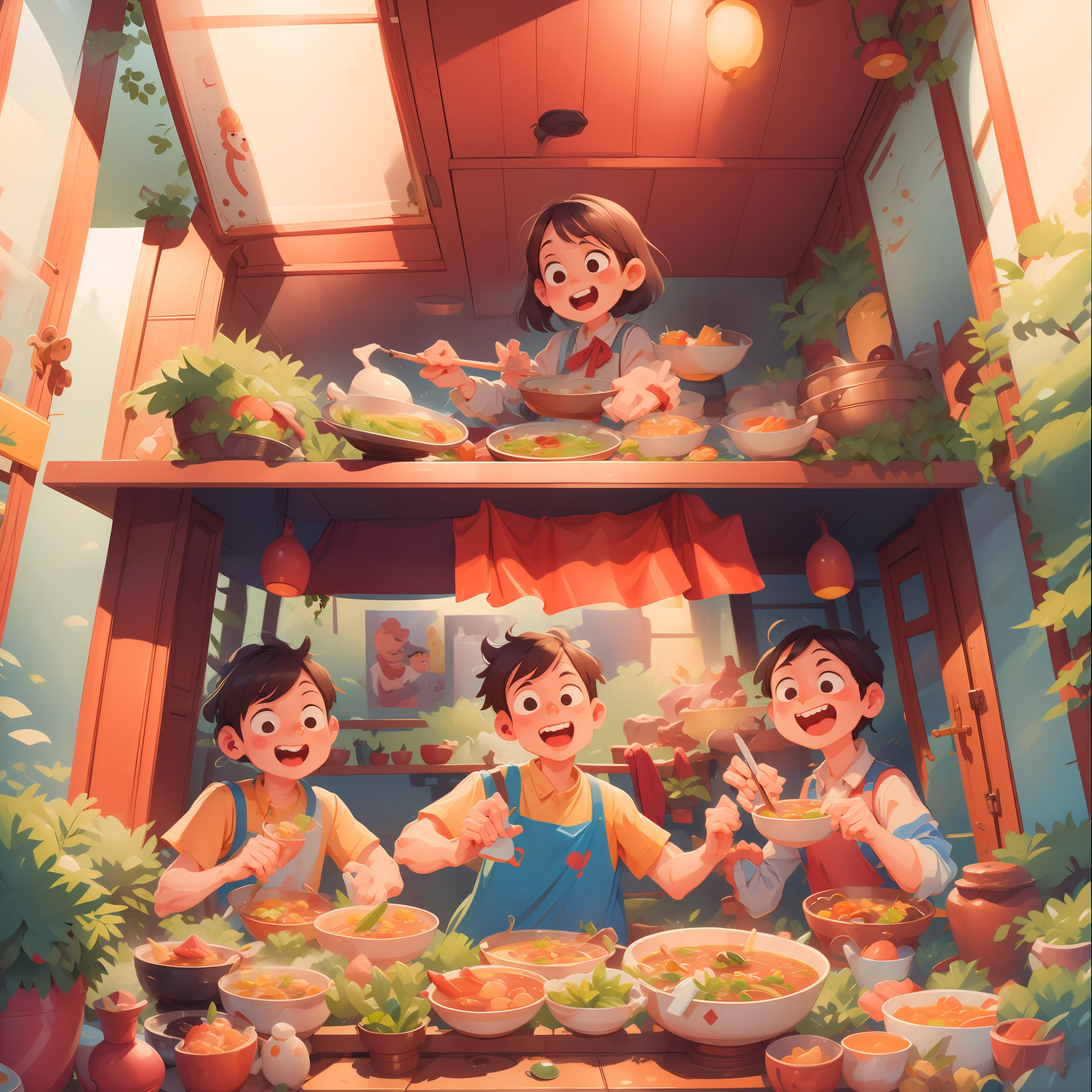 Eating together for two people at table, eating hot pot together, chicken soup hot pot, happy cartoon, hd illustration, exciting illustration, flat illustration, eating chicken, cartoon illustration, kids book illustration, dinner, cooking, detailed 2d illustration, commercial illustration, kids book illustration, full color illustration, 2d illustration