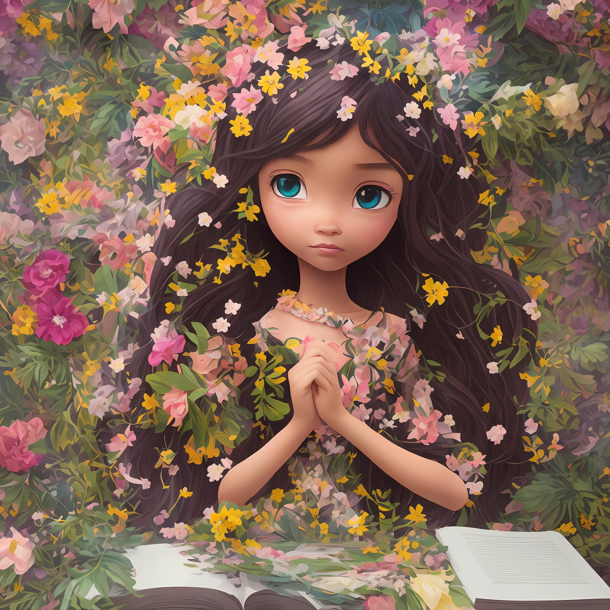 realism an angry little girl, mean face, model face, ((chibi)), flowers in her hair, big eyes, fish eyes, moana style eyes, tears on her face, open mouth, standing on top of a pile of books, long afro hair, character sculpture, beautiful artist rendering, flowers in hair . side view, beauty campaign, by Will Ellis, toy design, holding a clean photo, jeff smith, jinyoung shin art, girlboss --auto --s2