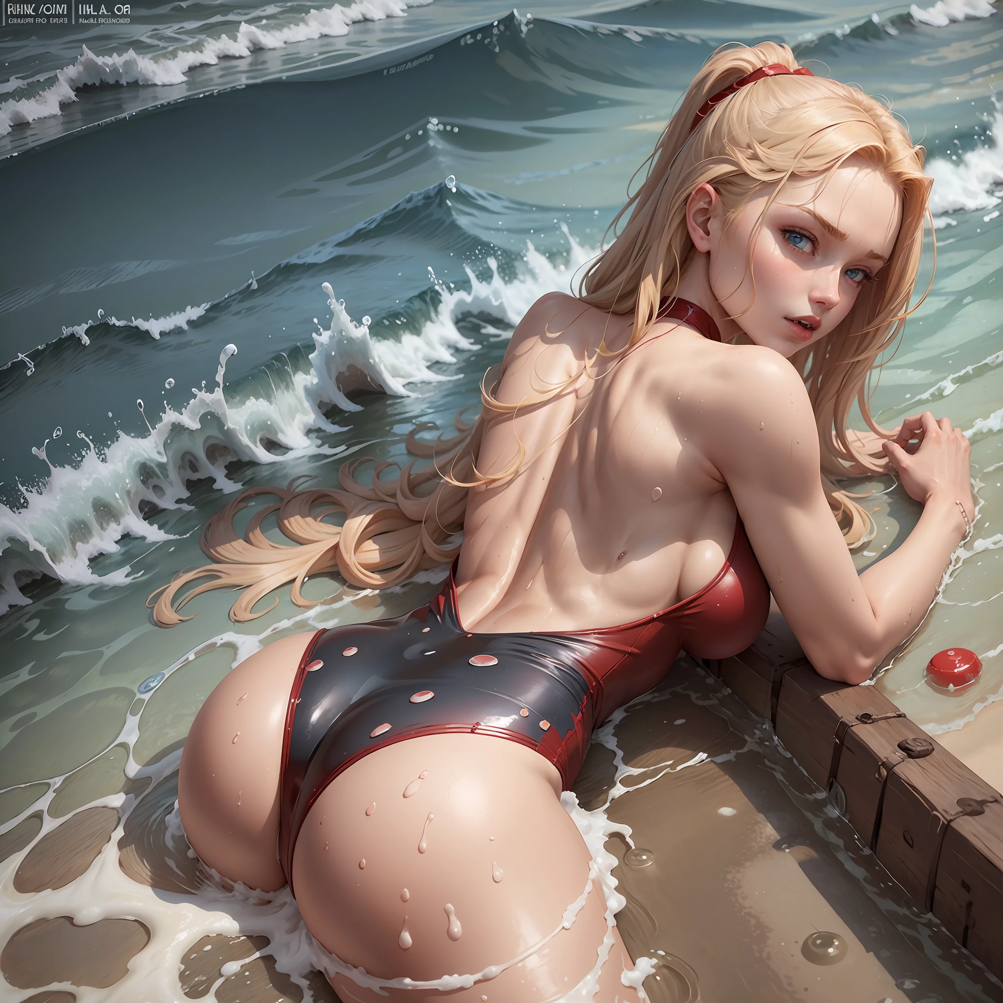 Baywatch, young blonde, 20 years old, breasts:1.2, red one-piece swimsuit, thin, pale blue eyes, beach, wet: 1.5, back, whole body