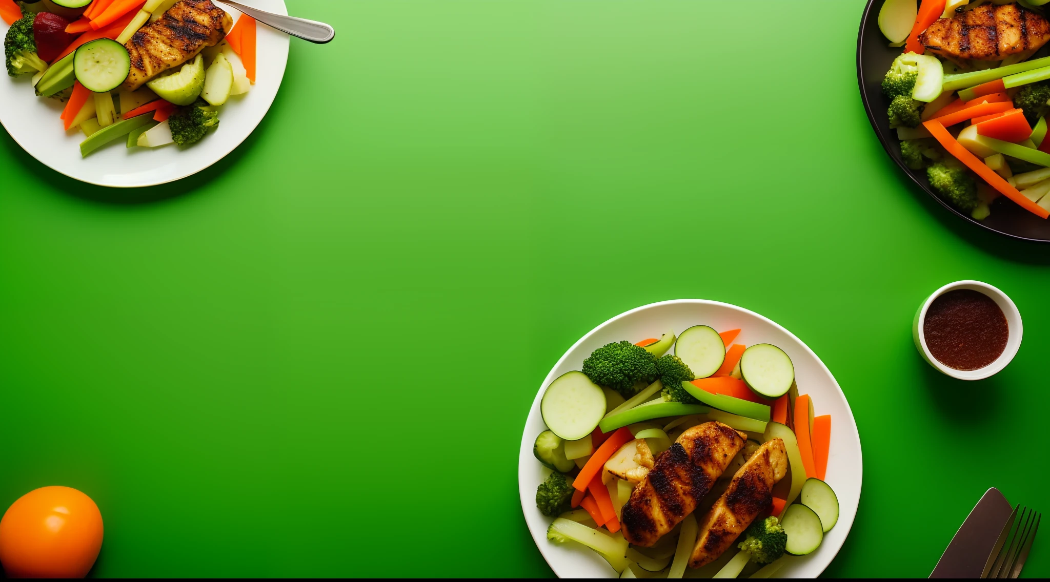 advertising photo ,with vegetables , 1 dish with grilled chicken fillet and vegetables ,satin background bright green infinite blurred,bright green background infinite blurred cinematographic 60,30,10 rule of thirds