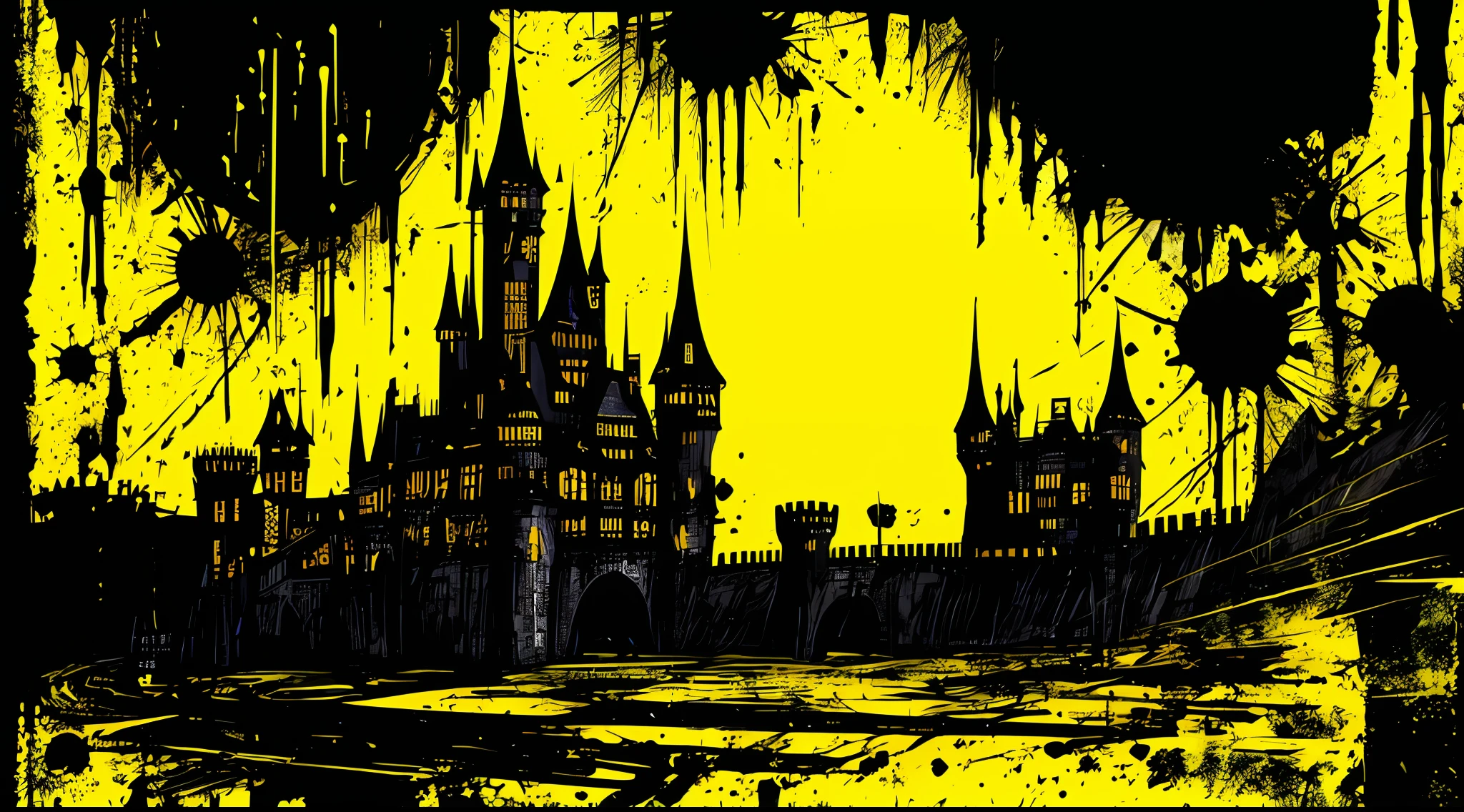 yellow and black, a castle, in the style of Mork Borg, strong contrast, grunge dirty punk splash art, black metal zine, punk color splash background