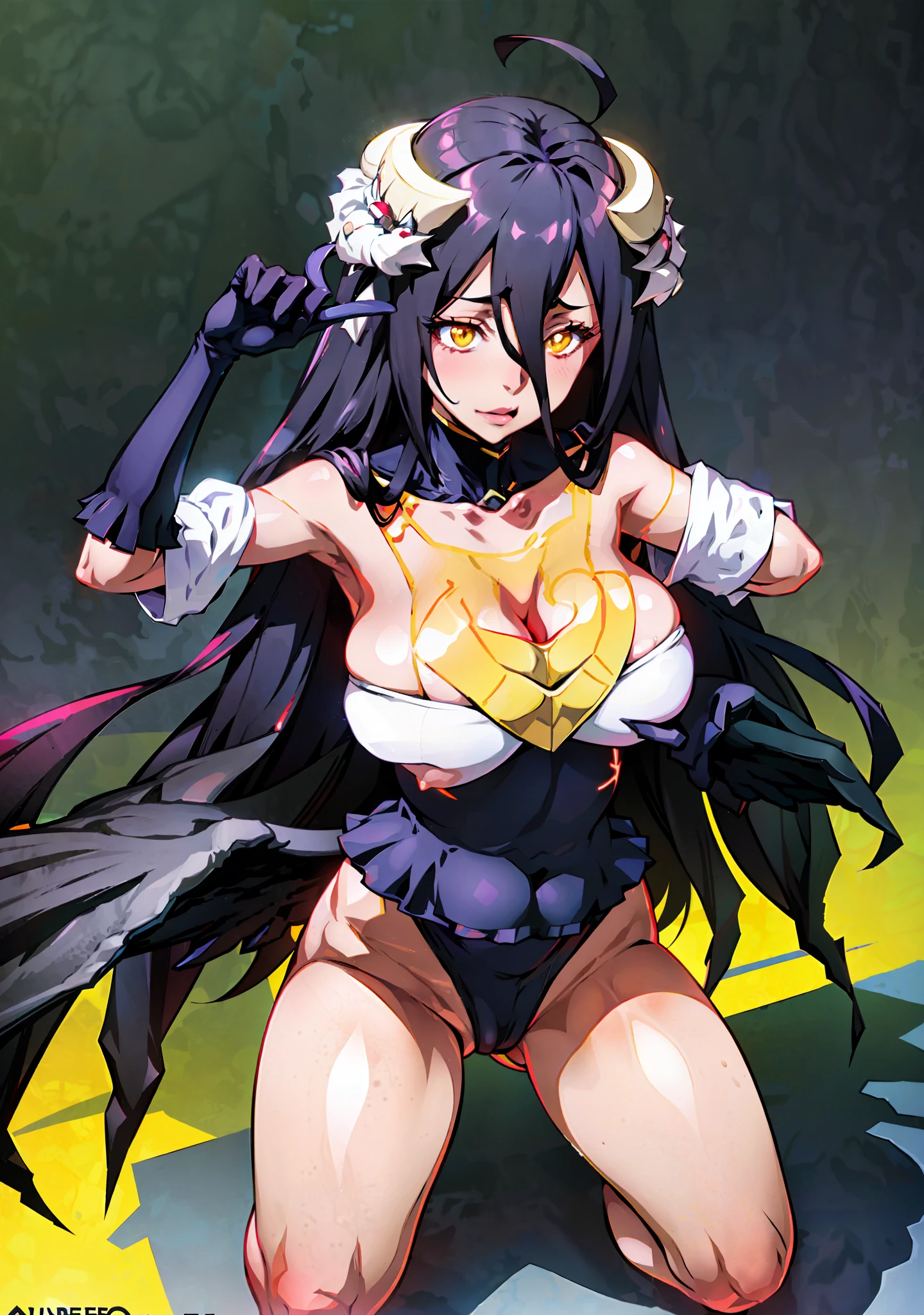 Albedo, Albedo of overlord, Pudica Pose,Joy Ride art style, cat eyes, fit body, gynoid body, wet body, perfect body, big breasts, Ilya Kuvshinov, official character art, (best quality, masterpiece) a cute chibi girl, seductive anime girl, official art,