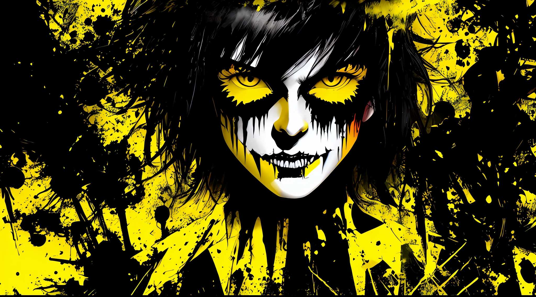 yellow and black, a dark cave, in the style of Mork Borg, strong contrast, grunge dirty punk splash art, black metal zine, punk color splash background