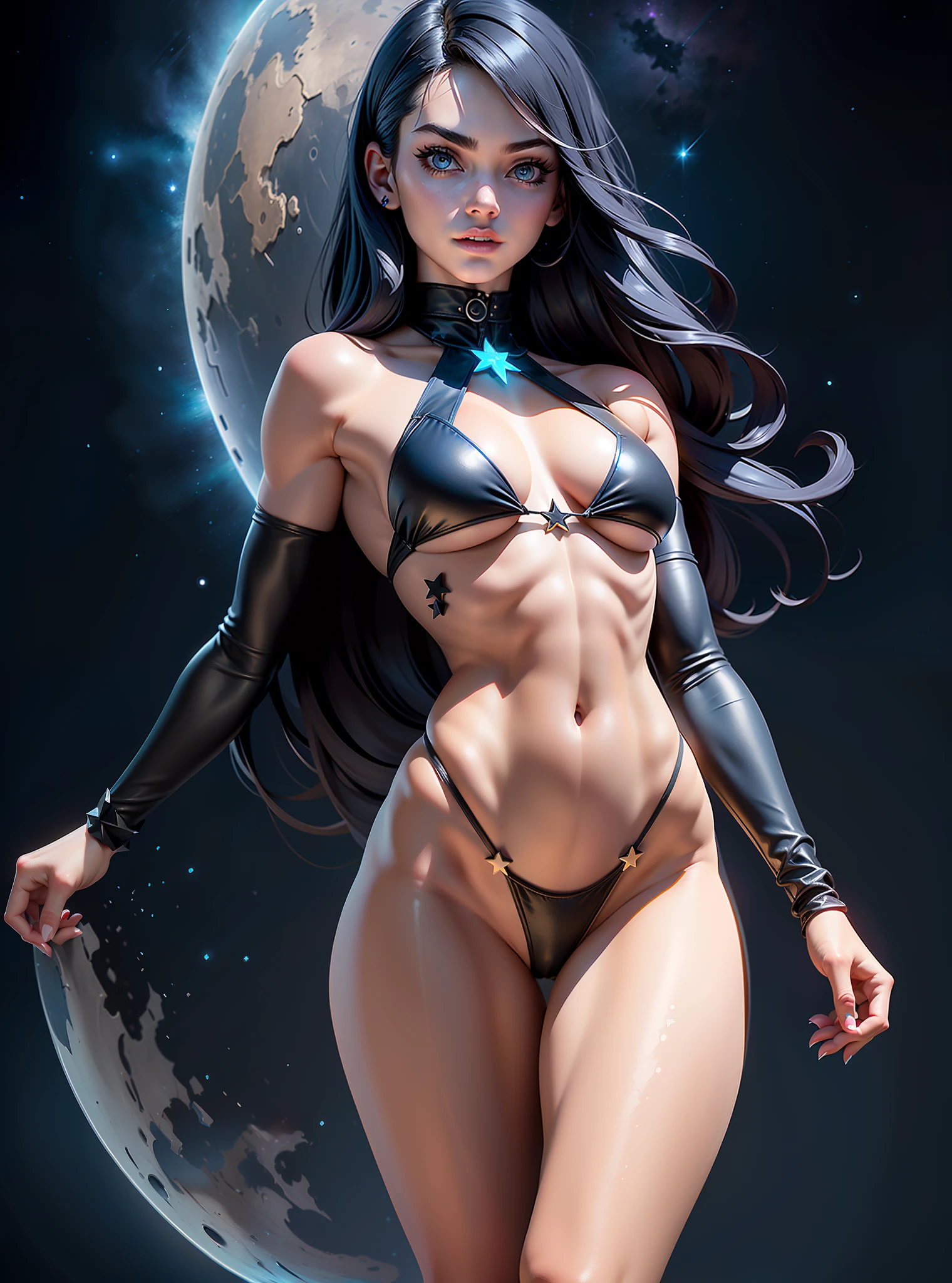 ((Best Quality)), ((Masterpiece)), ((Realistic)) and ultra-detailed photography of a girl with goth colors. She has ((shadow abyss hair)), (pale skin tone) wears a (small black micro-thong, black micro-bikini:star motif ) , ((beautiful and aesthetic)), muscular fit body abs, sexy, under-boobs, hot, (clear star filled sky background)
(clear background:1.35), (particles ,firefly, blue glowing):1.3,