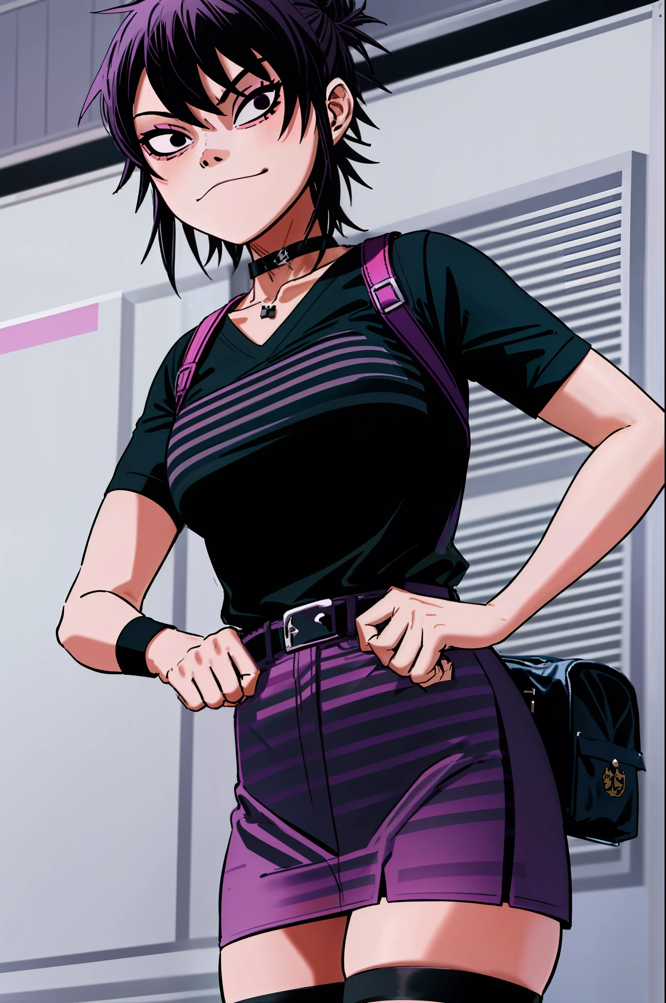 noodle (gorillaz), masterpiece, best quality, 1girl, solo, hair between eyes, black shirt, thighhighs, shirt, purple hair, skirt, striped, choker, belt, long sleeves, black skirt, layered sleeves, cowboy shot, chain, blush, black thighhighs, cross, medium hair, black choker, looking at viewer, bangs, o-ring, badge, sleeves past wrists, bag, short over long sleeves, short sleeves, standing, fishnets, striped sleeves, closed mouth, alternate costume, cross print, thigh strap, pleated skirt, hair bun, collar, backpack