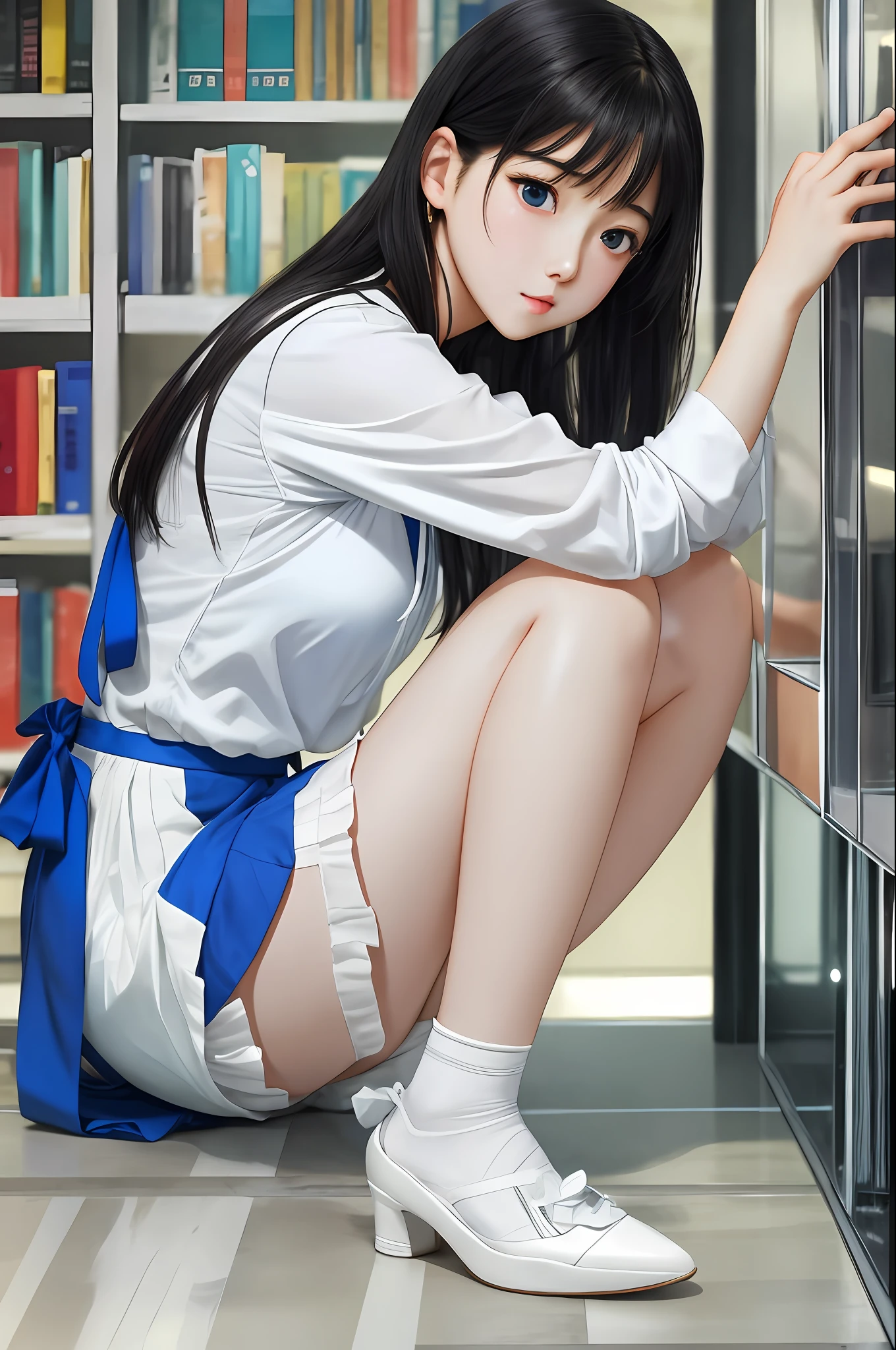 Photorealistic, live action, pale light, beautiful gravure idol at 22 years old, white blouse, blue skirt, loose wavy black hair, white ankle socks, pumps, library background --auto --s2