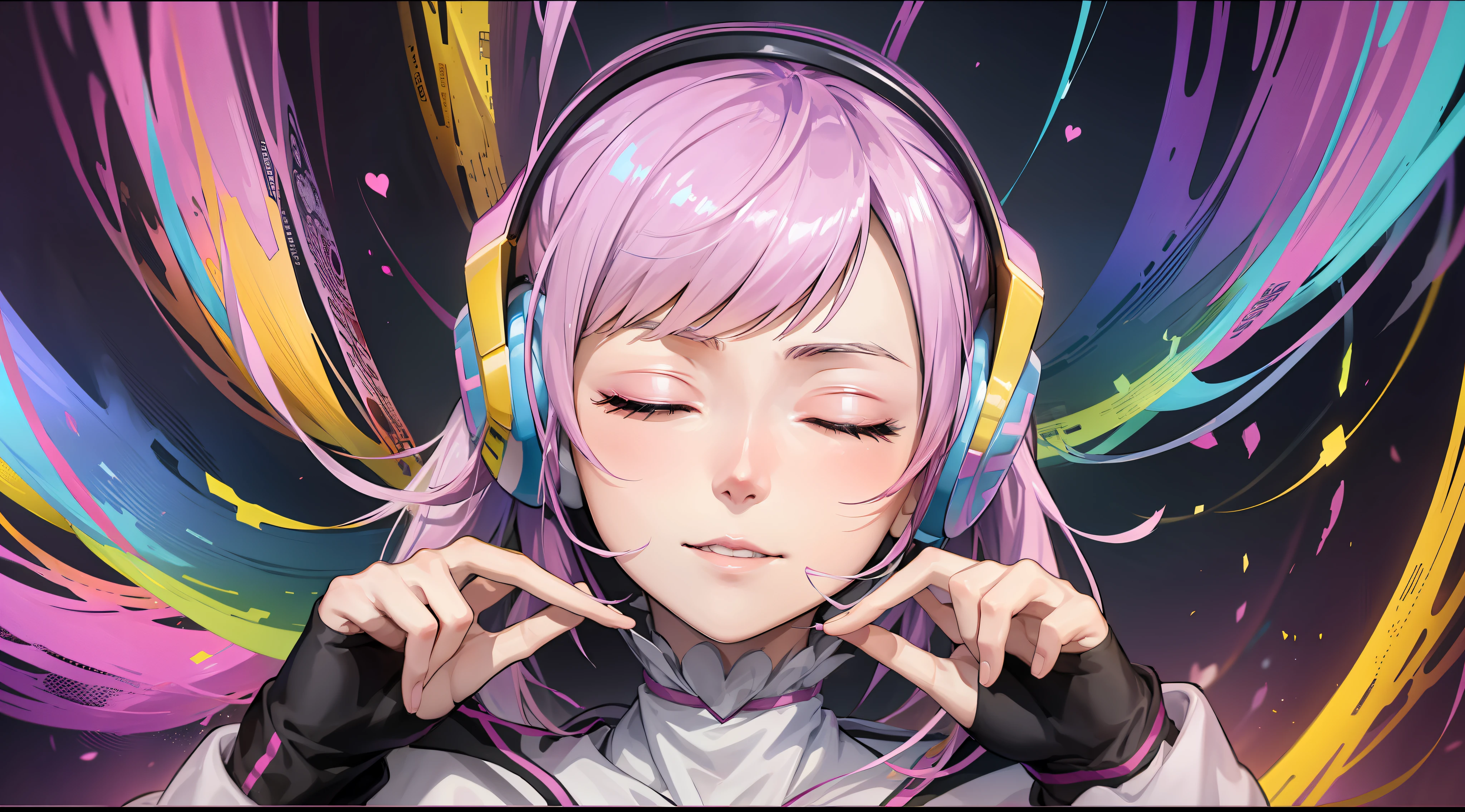 Woman with peace sense headset, closed eyes, beautiful face, RGB colors, anime pink hair, banner for youtube video, happy girl, clouds with RGB colors., bright RGB colors.