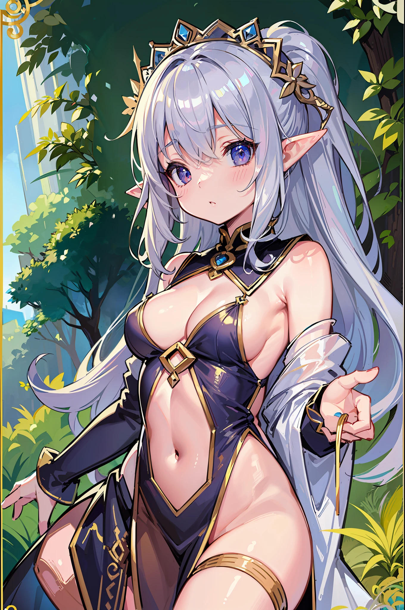 (MASTERPIECE), (Best Quality), (Ultra Detail), Official Art, One Girl, Silver-haired ****, Petite ***********, Elf ****, White and Gold See-Through Robe, Small Breasts, Cleavage, Off Shoulder, Underboob, Side Boob, Thigh Focus, Navel, Card Illustration, Deep Forest Fountain