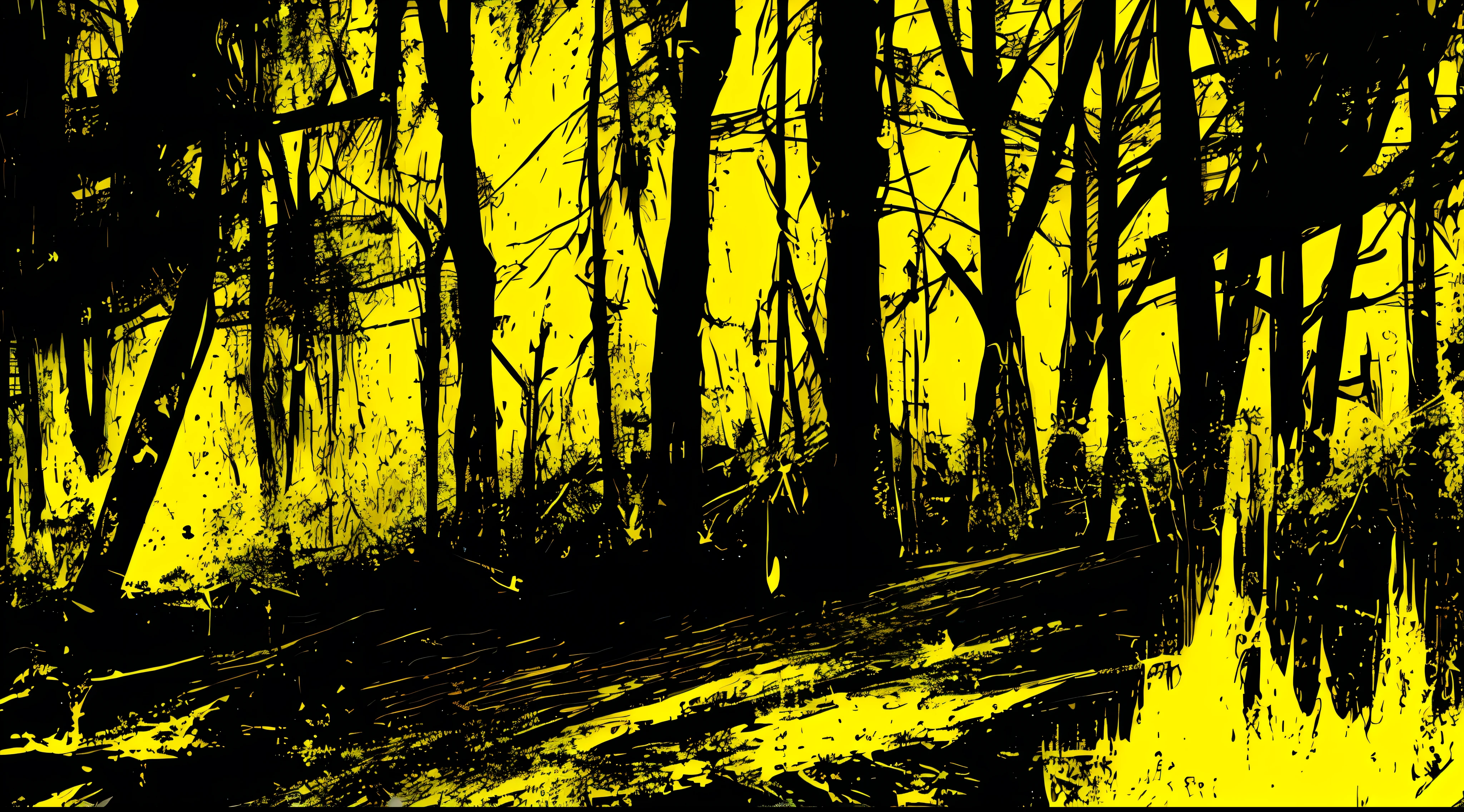 yellow and black, a dark forest, in the style of Mork Borg, strong contrast, grunge dirty punk splash art, black metal zine, punk color splash background