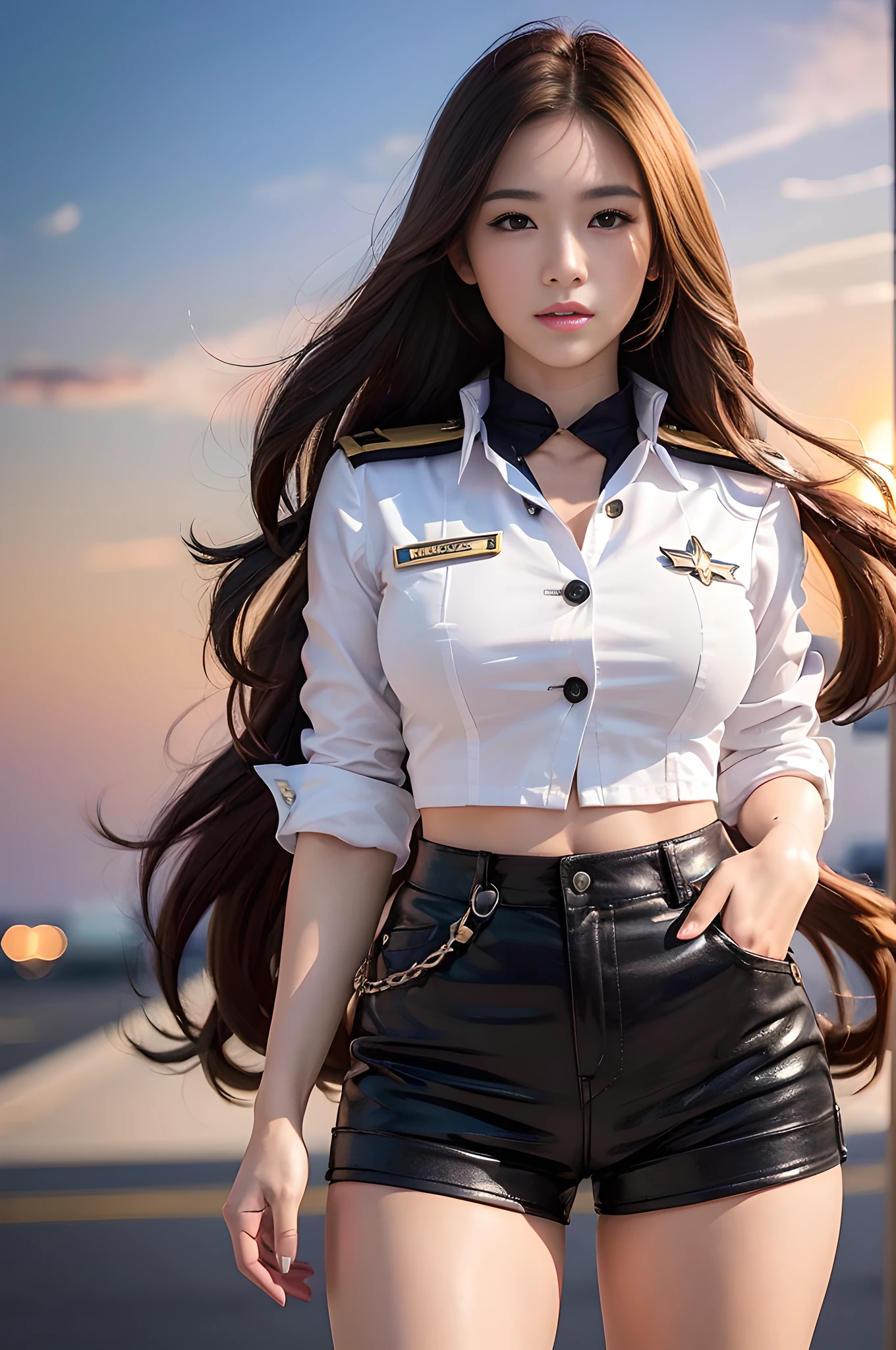 (Best quality, 8k, 32k, Masterpiece, UHD:1.2), (realistic:1.5), (masterpiece, Extremely detailed CG unity 8k wallpaper, best quality, highres:1.2), (ultra detailed, UHD:1.2), Photo of extremely cute and beautiful Japanese woman, (chestnut long wavy hair:1.2), adult, (detailed beautiful girl:1.4), best quality, woman, adult, (detailed US air-force pilot captain uniform:1.3), (white pilot captain shirt:1.3), (black high-waist shorts:1.3), (Beautiful sunset US air force base runway view background:1.2), embarrassed laughing:1, looking at viewer, facing the viewer, ((perfect female body)), (narrow waist:1.2), (upper body image:1.3), slender, abs, (large breasted:1.25), frame the head, wind, dynamic pose, cinematic light, back light, detailed clothes, perfect anatomy, perfect proportion, detailed human body, stylish model pose,