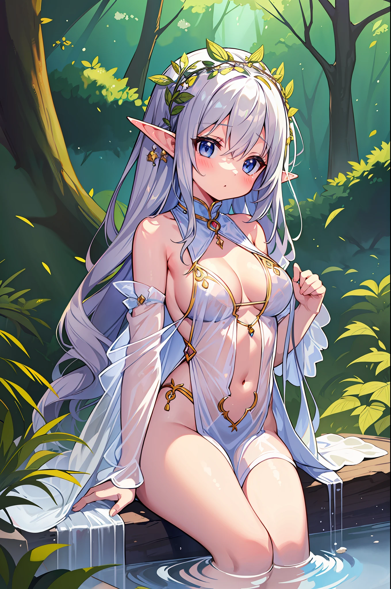 (MASTERPIECE), (Best Quality), (Ultra Detail), Official Art, One Girl, Silver-haired Loli, Petite Girl, Elf Loli, White and Gold See-Through Robe, Small Breasts, Cleavage, Off Shoulder, Underboob, Side Boob, Thigh Focus, Navel, Card Illustration, Deep Forest Fountain