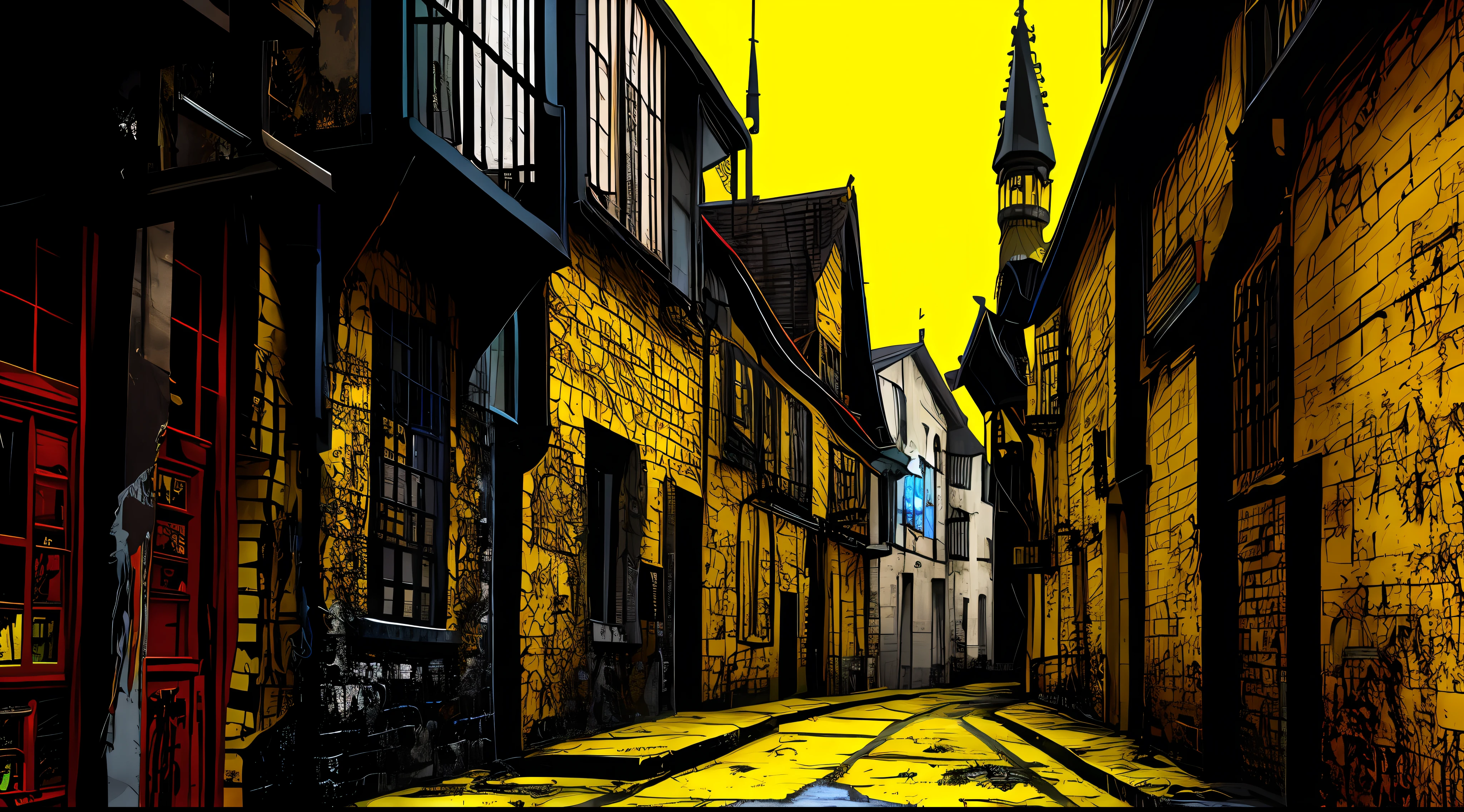 yellow and black, a medieval city, in the style of Mork Borg, strong contrast, grunge dirty punk splash art, black metal zine, punk color splash background