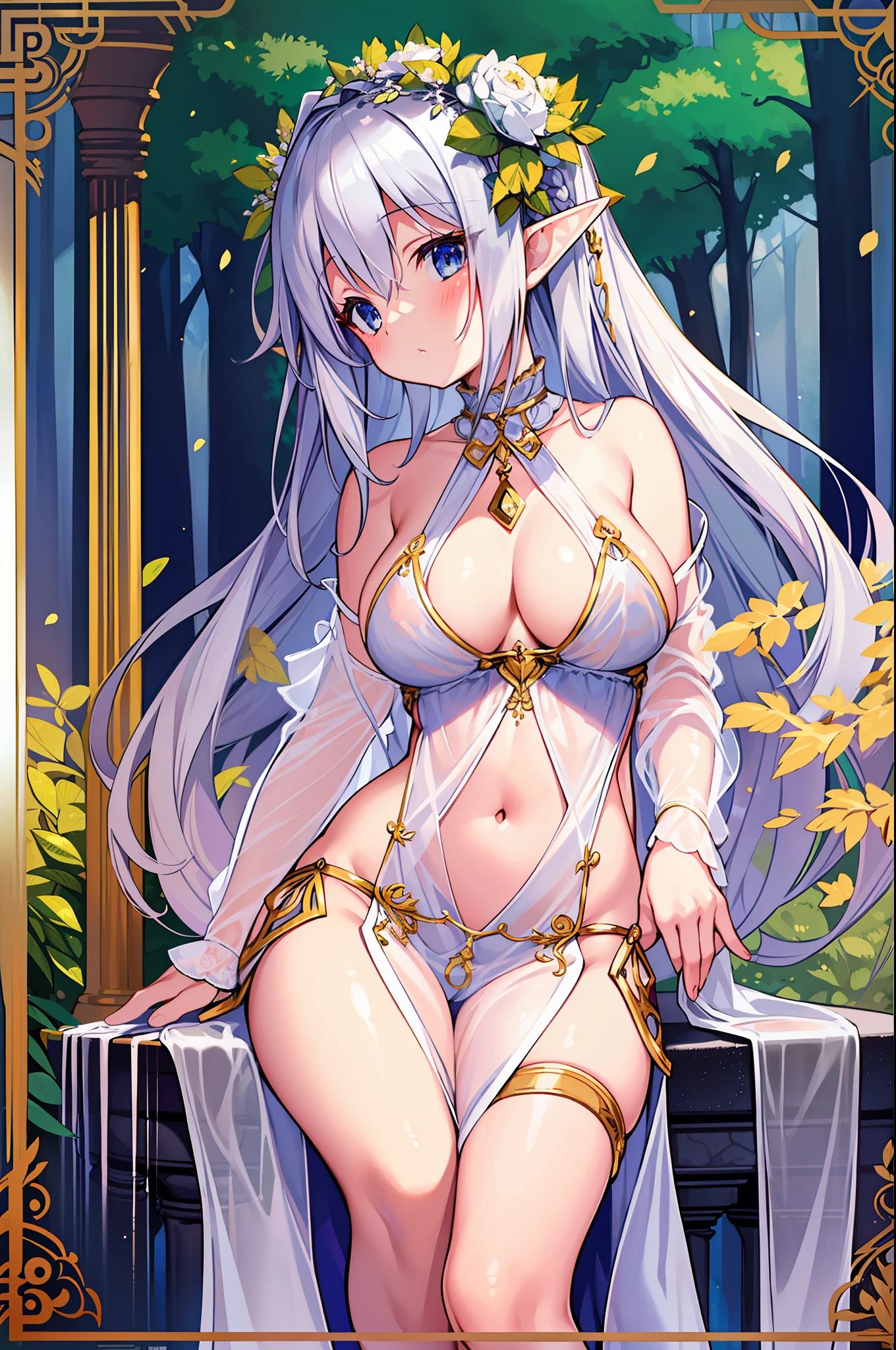 (MASTERPIECE), (Best Quality), (Ultra Detail), Official Art, One Girl, Silver-haired ****, Petite ***********, Elf ****, White and Gold See-Through Robe, Small Breasts, Cleavage, Off Shoulder, Underboob, Side Boob, Thigh Focus, Navel, Card Illustration, Deep Forest Fountain