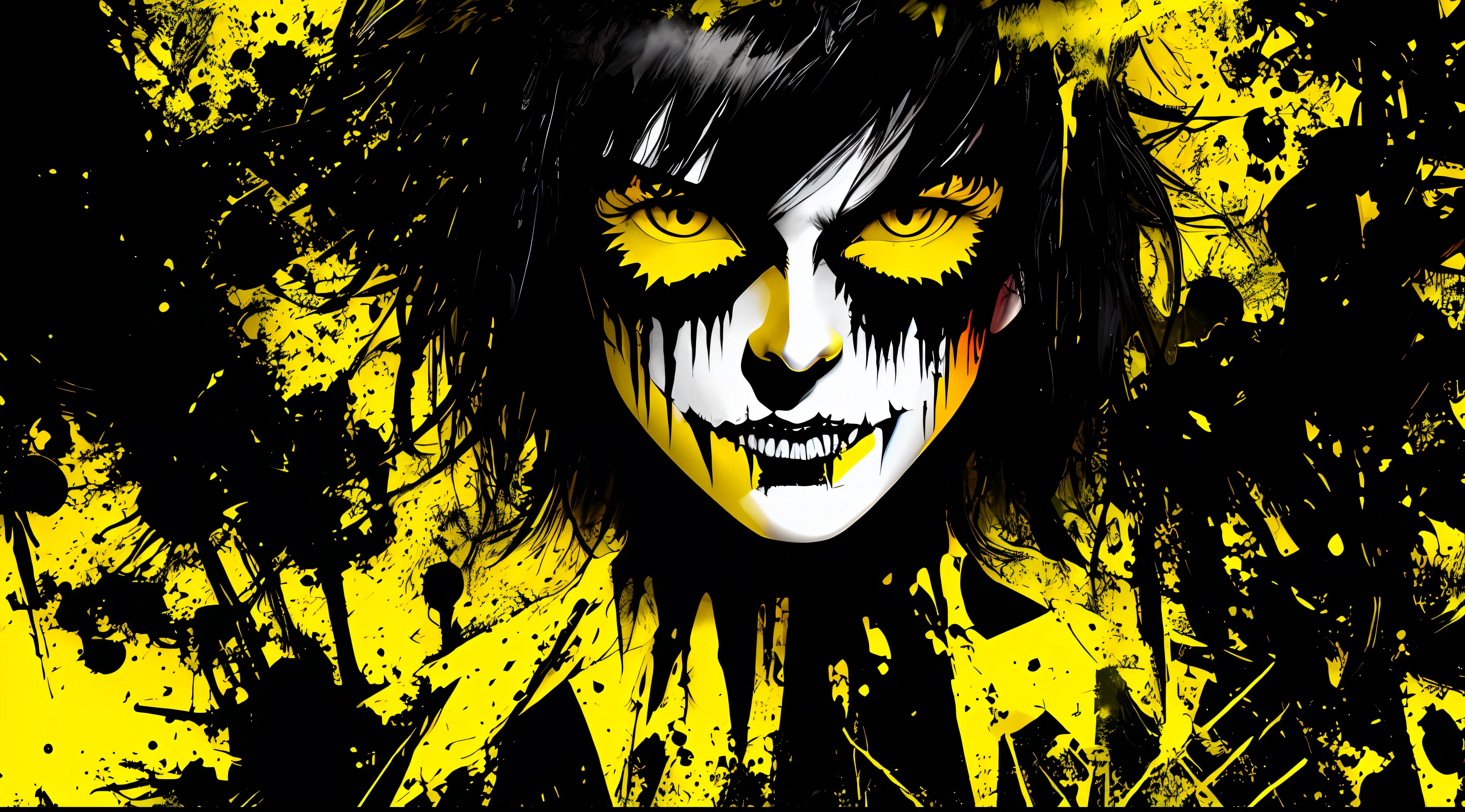 yellow and black, a dark cave, in the style of Mork Borg, strong contrast, grunge dirty punk splash art, black metal zine, punk color splash background