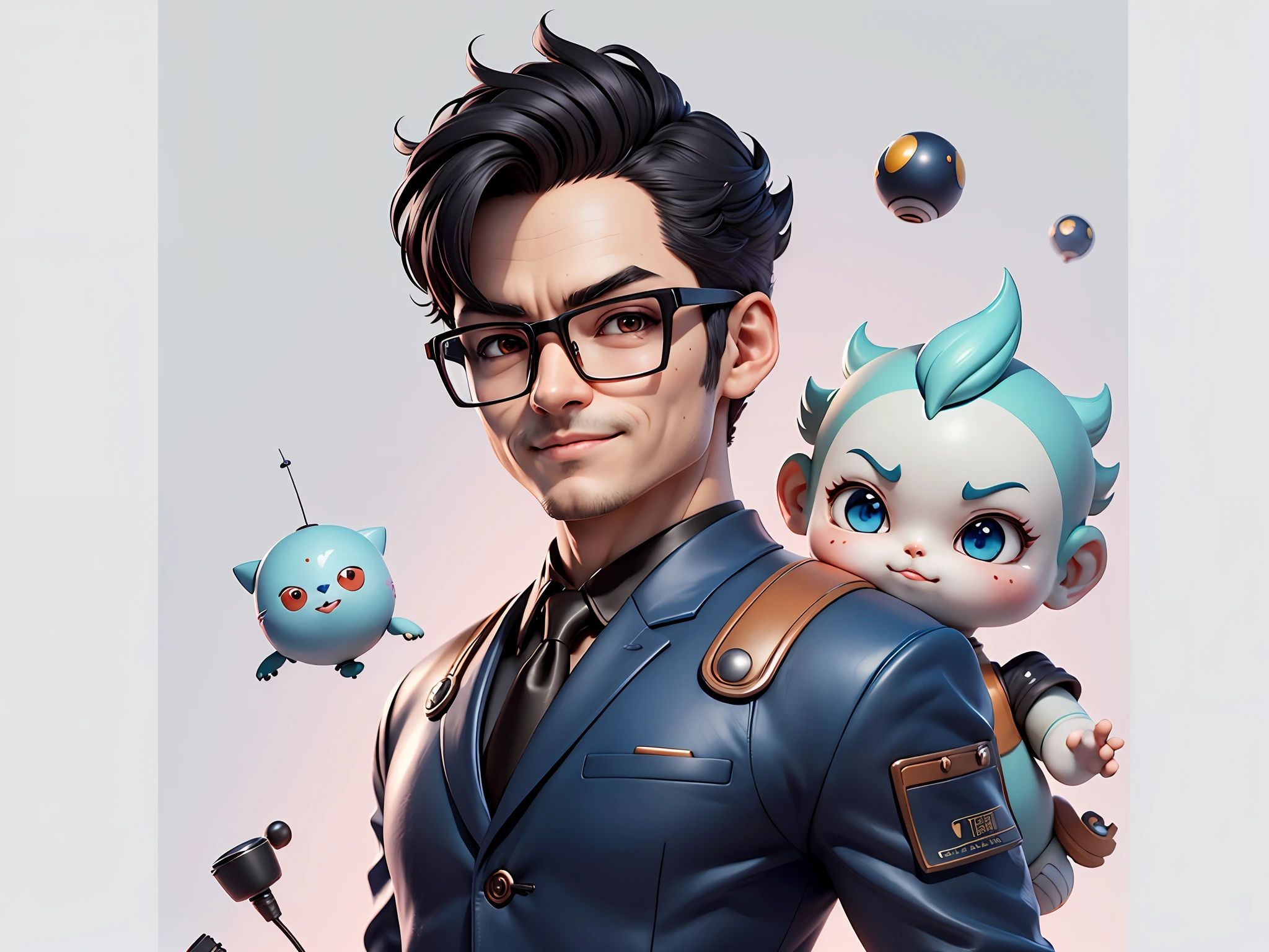 Masterpiece), (Excellent), (Super Meticulous), (Full Body: 1.2), Super Young Woman, Beautiful, Sexy, Bursting, Oriental Face, TV Anchor, Bust Portrait Illustration, Alone, Black Suit, Blue Tie, Silver Glasses, Slightly Chubby Face, Very Clean Face, No Beard, Black Super Short Hair, Black Eyes, Confident Smile, 3c Computer Sub-Products, iPad, iPhone, Digital Painting, 3D Character Design by Akira Toriyama with Mark Claireden and Pixar and Hayao Miyazaki, The illustration is a high-definition illustration in 4K resolution with very detailed facial features and cartoon-style visuals.