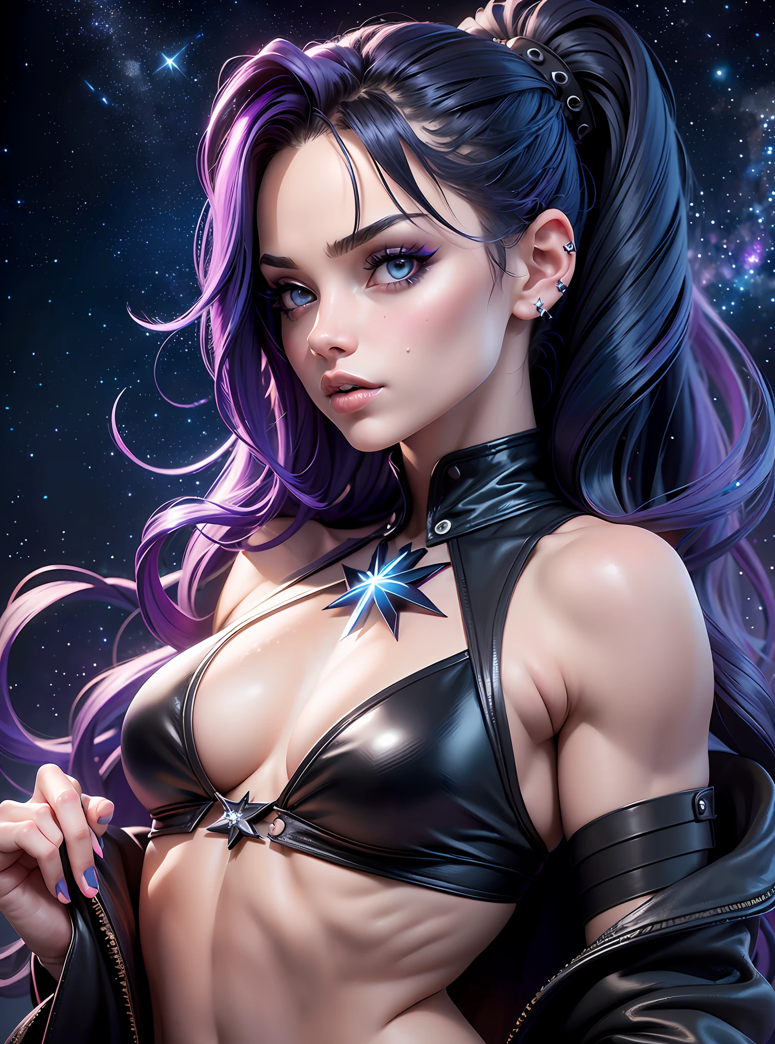 ((Best Quality)), ((Masterpiece)), ((Realistic)) goth girl with goth colors. She has ((starlight hair)), wears a (small black micro-thong:star motif ) , ((beautiful and aesthetic)), muscular fit body abs, sexy, under-boobs, hot, (star filled sky background) (clear background:1.35), (particles ,firefly, blue glowing):1.3,