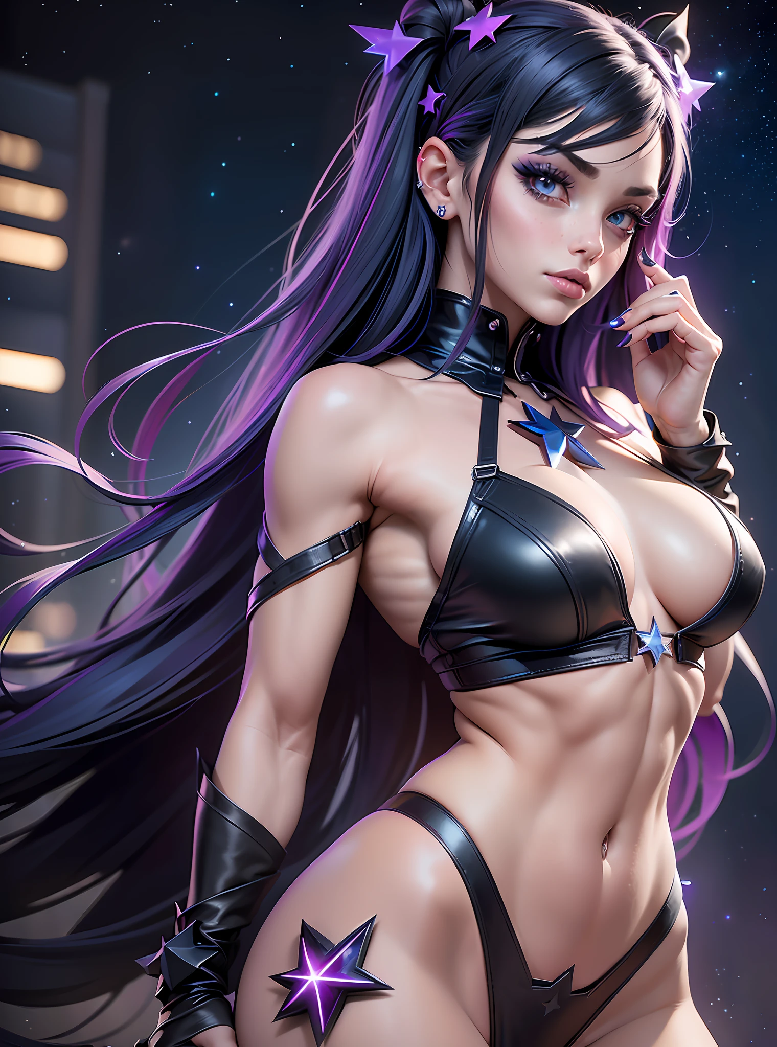 ((Best Quality)), ((Masterpiece)), ((Realistic)) goth girl with goth colors. She has ((starlight hair)), wears a (small black micro-thong:star motif ) , ((beautiful and aesthetic)), muscular fit body abs, sexy, under-boobs, hot, (star filled sky background) (clear background:1.35), (particles ,firefly, blue glowing):1.3,