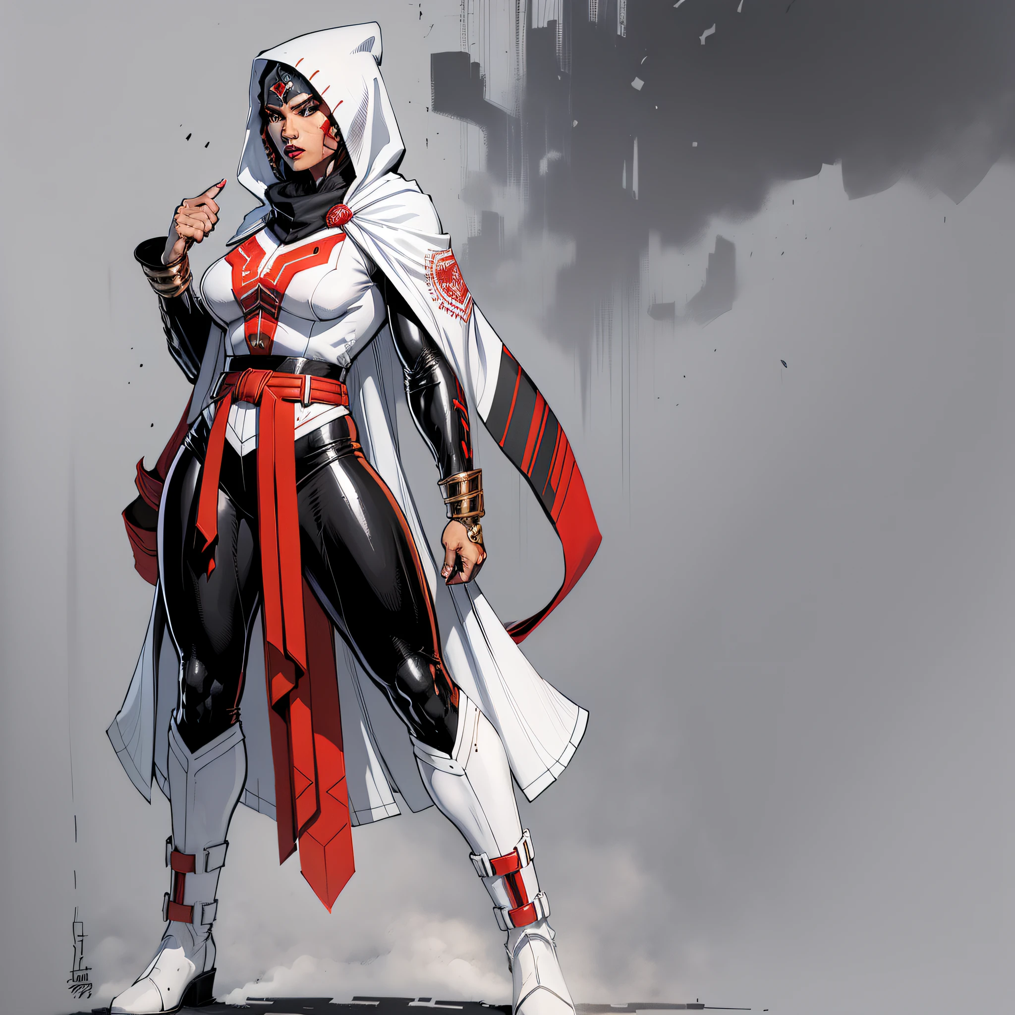 Indigenous woman, red skin ton, Tupi Guarani Goddess, Super Heroine, long sleeve black outfit with white details, white hood, black makeup on the face, black belt, long black pants, long white boot, reference sheet, detailed, intero body character, white background
