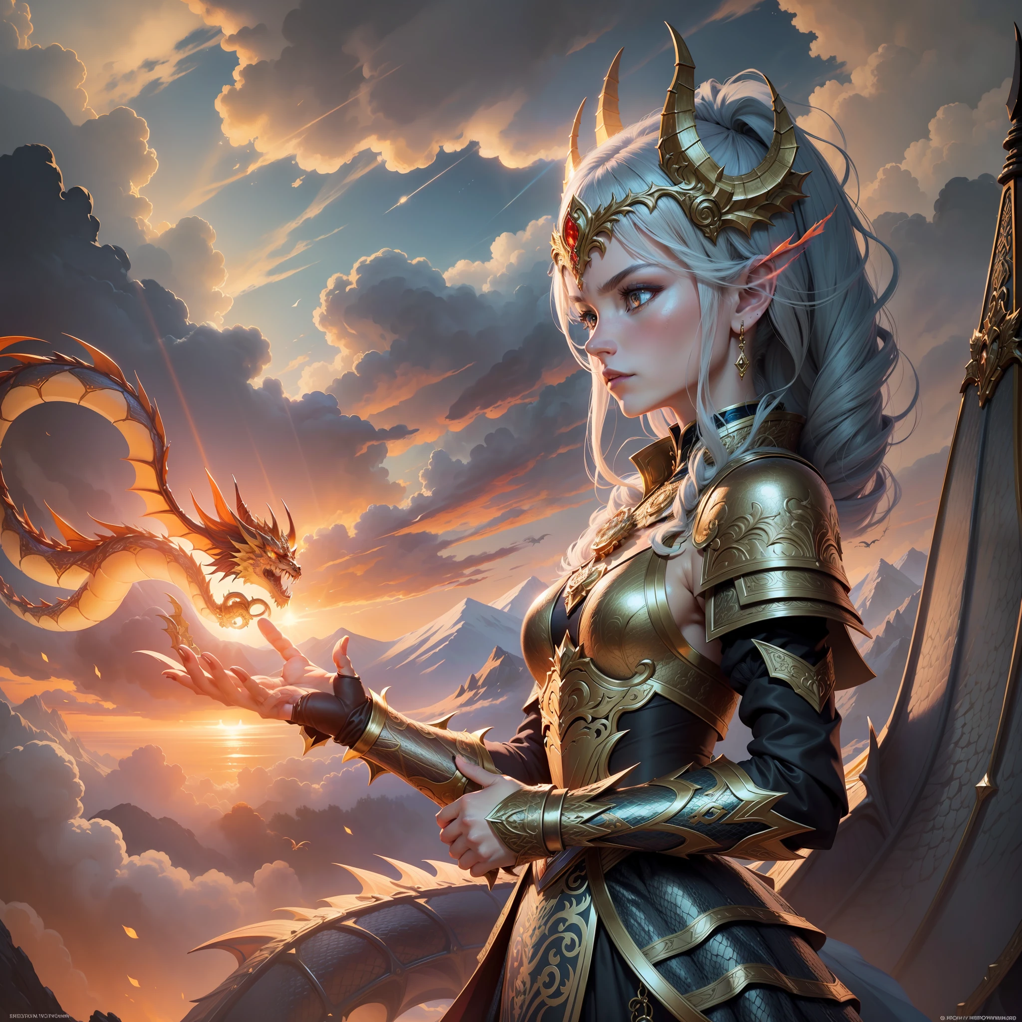 In a breathtaking composition, depict a Dragon Warrior Princess, adorned in ornate armor with dragon motifs, standing proudly before a backdrop of swirling clouds. With a gaze filled with determination and strength, she exudes regality. Beside her, a majestic dragon emerges, its scales shimmering in the sunlight as it gazes protectively. Sunbeams pierce through the sky, casting a warm glow on the scene. Fiery breath emanates from the dragon, adding an element of power and awe. This harmonious bond between warrior and dragon tells a tale of bravery, honor, and mythical adventure, inviting viewers into a world of wonder.