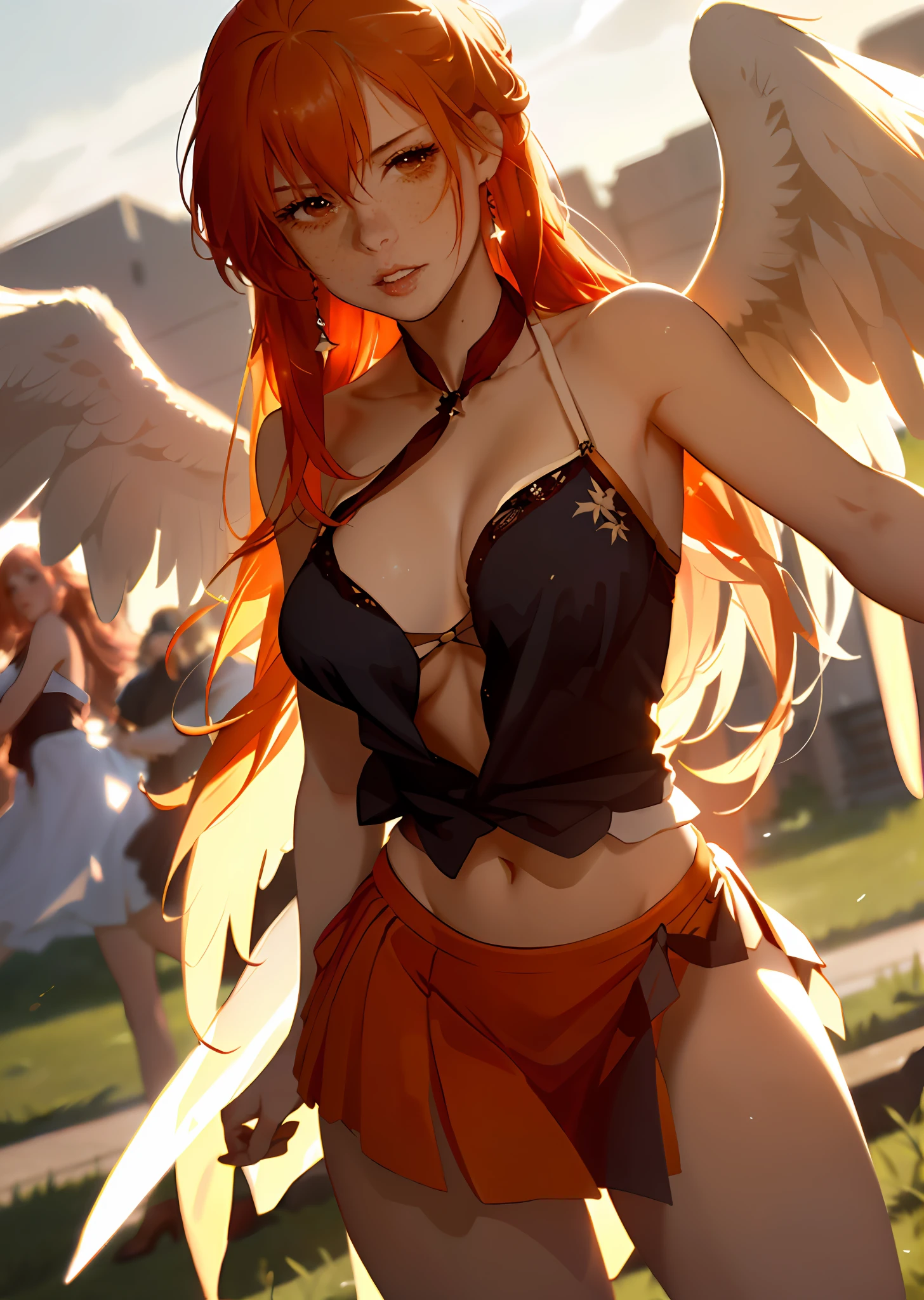 (Vast sky, beautiful horizon, large pasture: 1.2+ intense and dramatic graphics, moving visuals: 1.3+ hanging North Star, colorful natural light: 1.3), (top with neckline, (1girl with angel wings), (angel wings on the back), sensual, thick legs, large breasts, thick lips with red lipstick, thin waist, wide hips, short Japanese high school skirt), (back, dynamic), (detailed character modeling:  1.2, natural skin tone, delicate texture), (beautiful girl, dynamic posture, confident posture: 0.2+ flowing long hair (red hair: 0.9+ red hair: 1.2), with femininity and temperament: 1.3+ beautiful face, witty and cute expressions and eyes), (large pasture in the background) + (rendering of natural light, light and shadow: 1.3), (shooting angle, long lens, light illumination,  Low-cut clothing