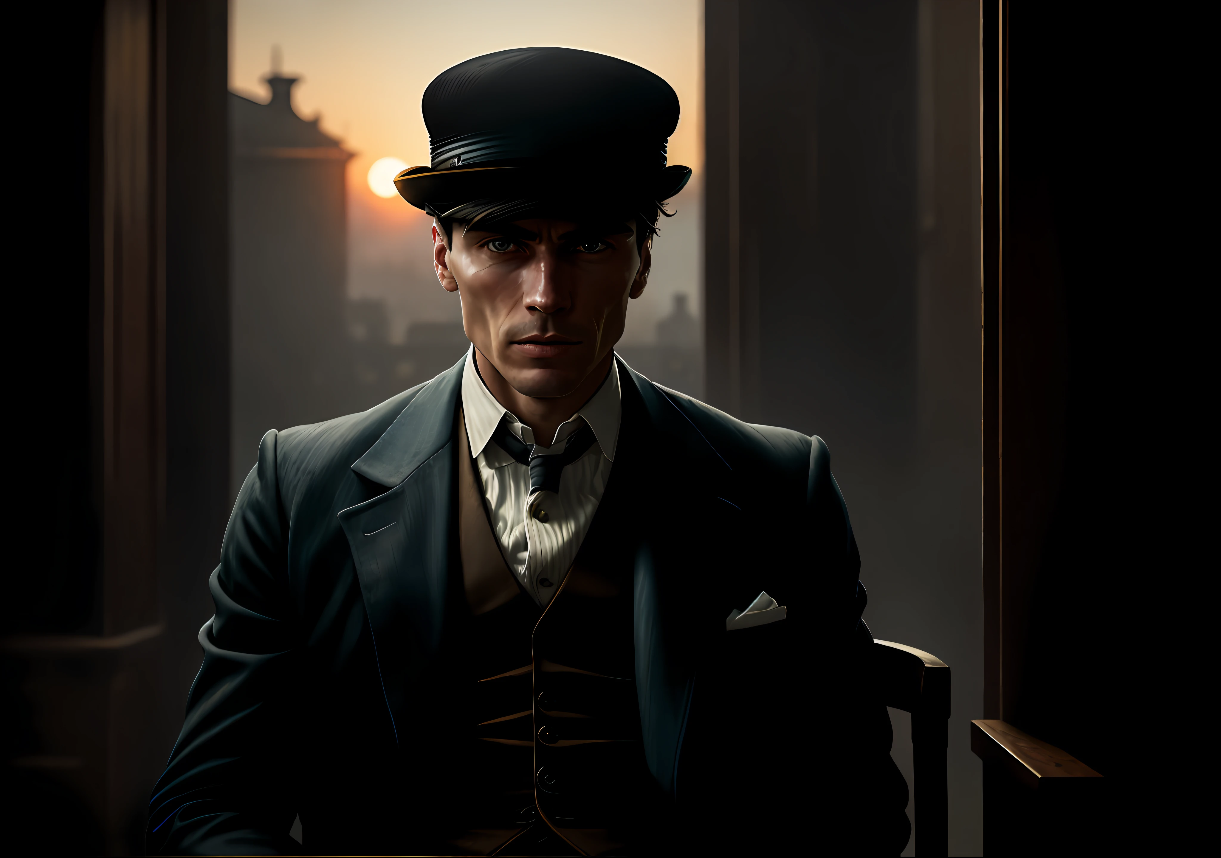 Thomas shelby sitting in the sunset barrel peaky blinders clear photo: realistic epic, soft cinematic portrait, adobe lightroom, photographic lab, highly detailed, faded, art by greg rutkowski and artgerm ,neutral colors: 1,2), (hdr:1,4) , (soft colors:1.2), hyperdetailed, (artstation:1.4), cinematic, warm lights, dramatic light, (intricate details:1.1), complex background, (rutkowski:0.66), (blue and orange:0.4)