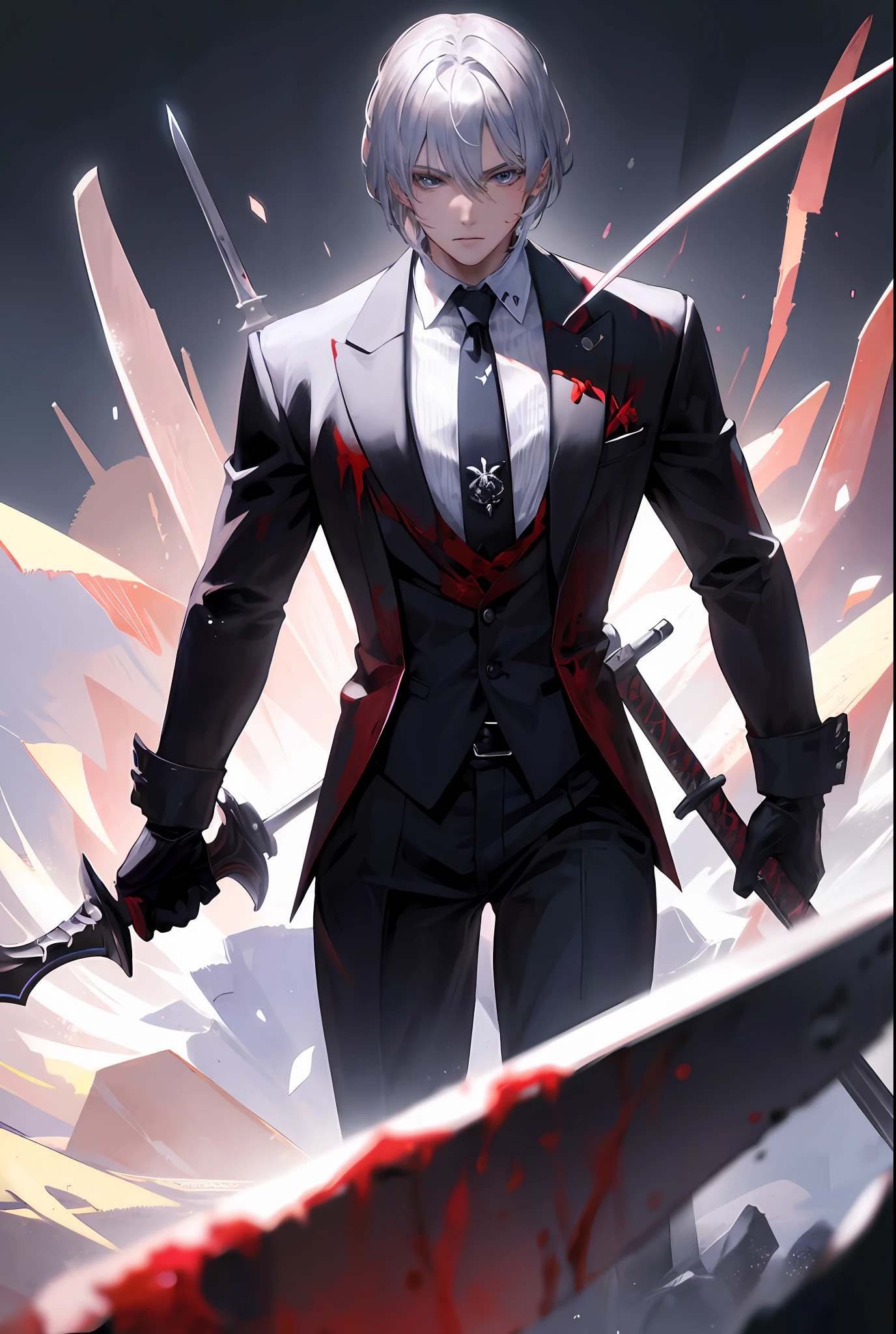 Masterpiece, Awesome, Illustration, 8K Resolution, Cinematic Light, Boy, Silver Hair, Suit, Long Sword, Blood, Battlefield, Corpse