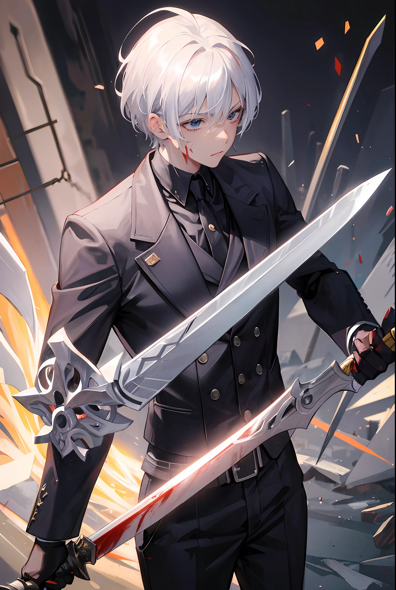 Masterpiece, Awesome, Illustration, 8K Resolution, Cinematic Light, Boy, Silver Hair, Suit, Long Sword, Blood, Battlefield, Corpse