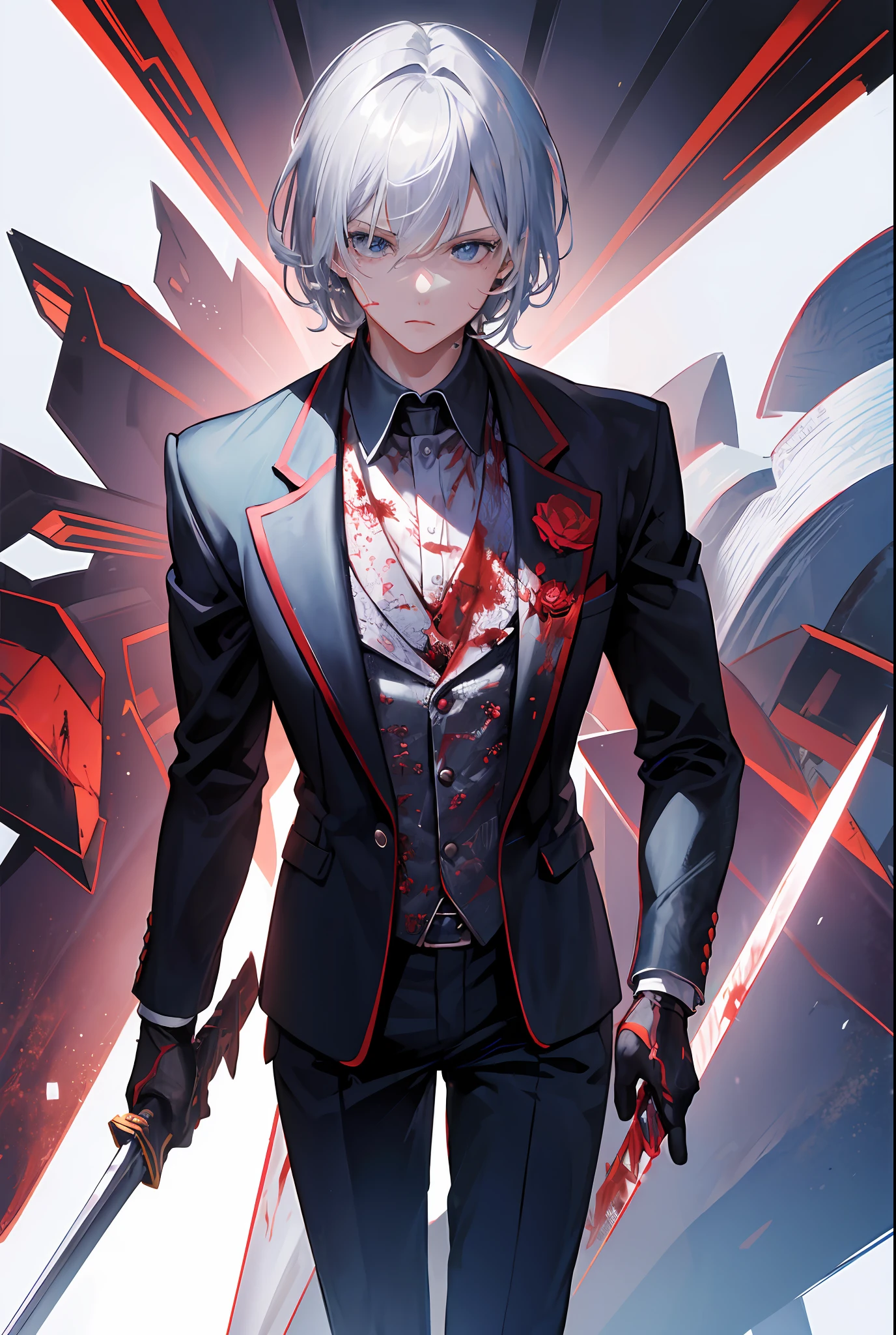 Masterpiece, Awesome, Illustration, 8K Resolution, Cinematic Light, Boy, Silver Hair, Suit, Long Sword, Blood, Battlefield, Corpse