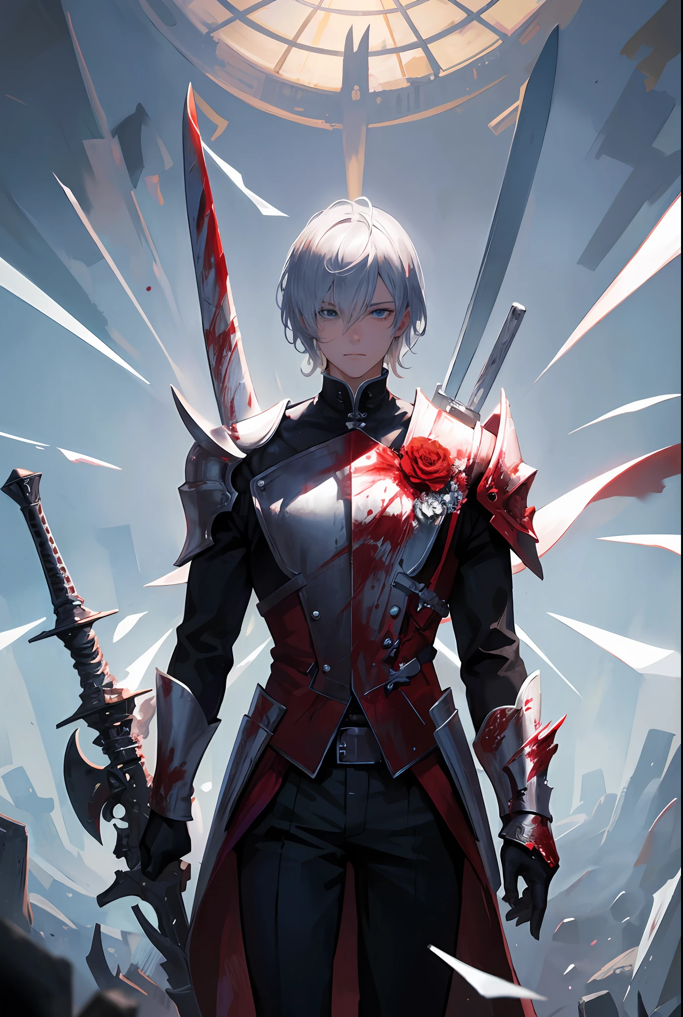 Masterpiece, Awesome, Illustration, 8K Resolution, Cinematic Light, Boy, Silver Hair, Suit, Long Sword, Blood, Battlefield, Corpse