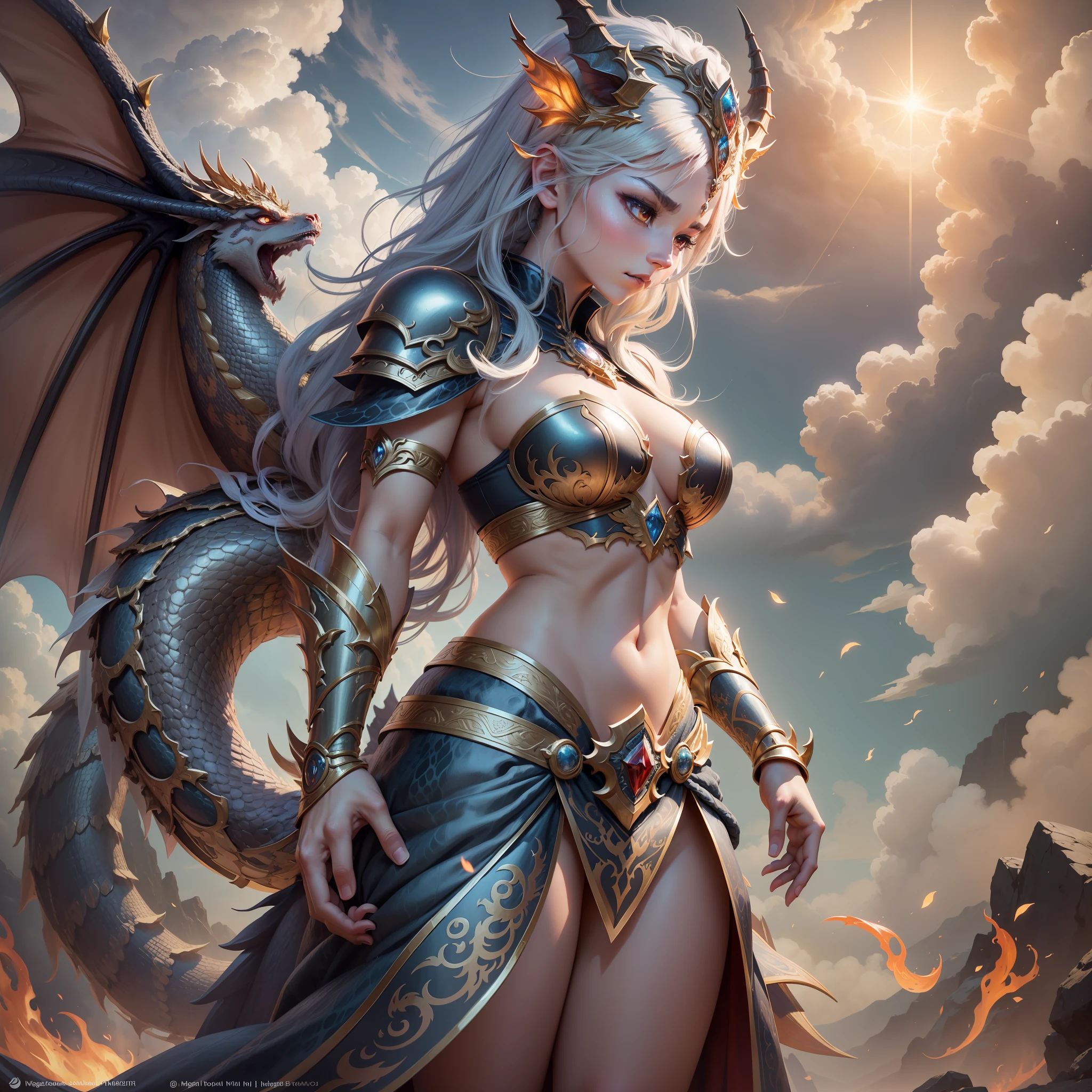 In a breathtaking composition, depict a Dragon Warrior Princess, adorned in ornate armor with dragon motifs, standing proudly before a backdrop of swirling clouds. With a gaze filled with determination and strength, she exudes regality. Beside her, a majestic dragon emerges, its scales shimmering in the sunlight as it gazes protectively. Sunbeams pierce through the sky, casting a warm glow on the scene. Fiery breath emanates from the dragon, adding an element of power and awe. This harmonious bond between warrior and dragon tells a tale of bravery, honor, and mythical adventure, inviting viewers into a world of wonder.
