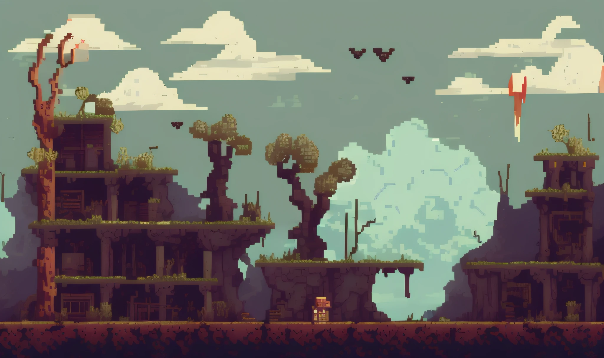 pixelart video game environment, Generate an image of a post-apocalyptic wasteland, with desolate ruins, scattered debris, and the feeling of hopelessness. Show the struggles, the dangers, and the sense of survival that comes with living in a world of destruction.