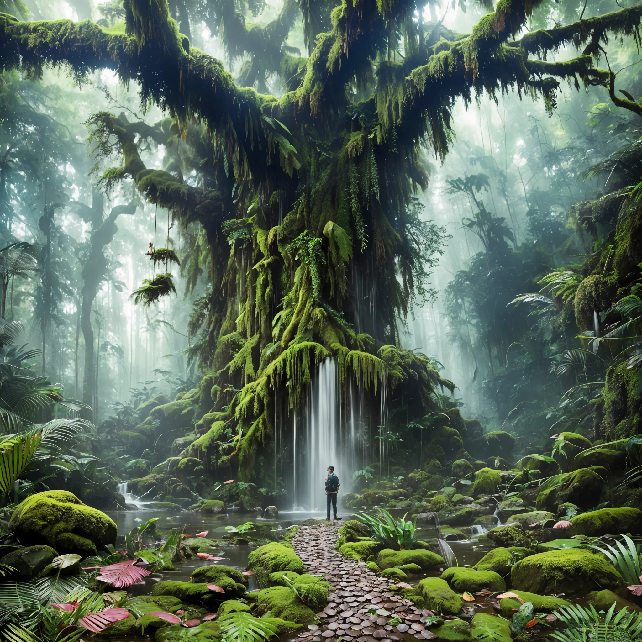 there is a man in the Amazon rainforest, tone mapping, CGI, VFX, SFX, insanely detailed and intricate, hyper maximalist, looking at a large tree, the air is fluid, the ground has stones creased with shells and moss, silver fish float at half height, realistic energetic award-winning digital art, (insanely detailed:1.5), full-body photography,20 megapixels, Canon EOS R3 --auto --s2