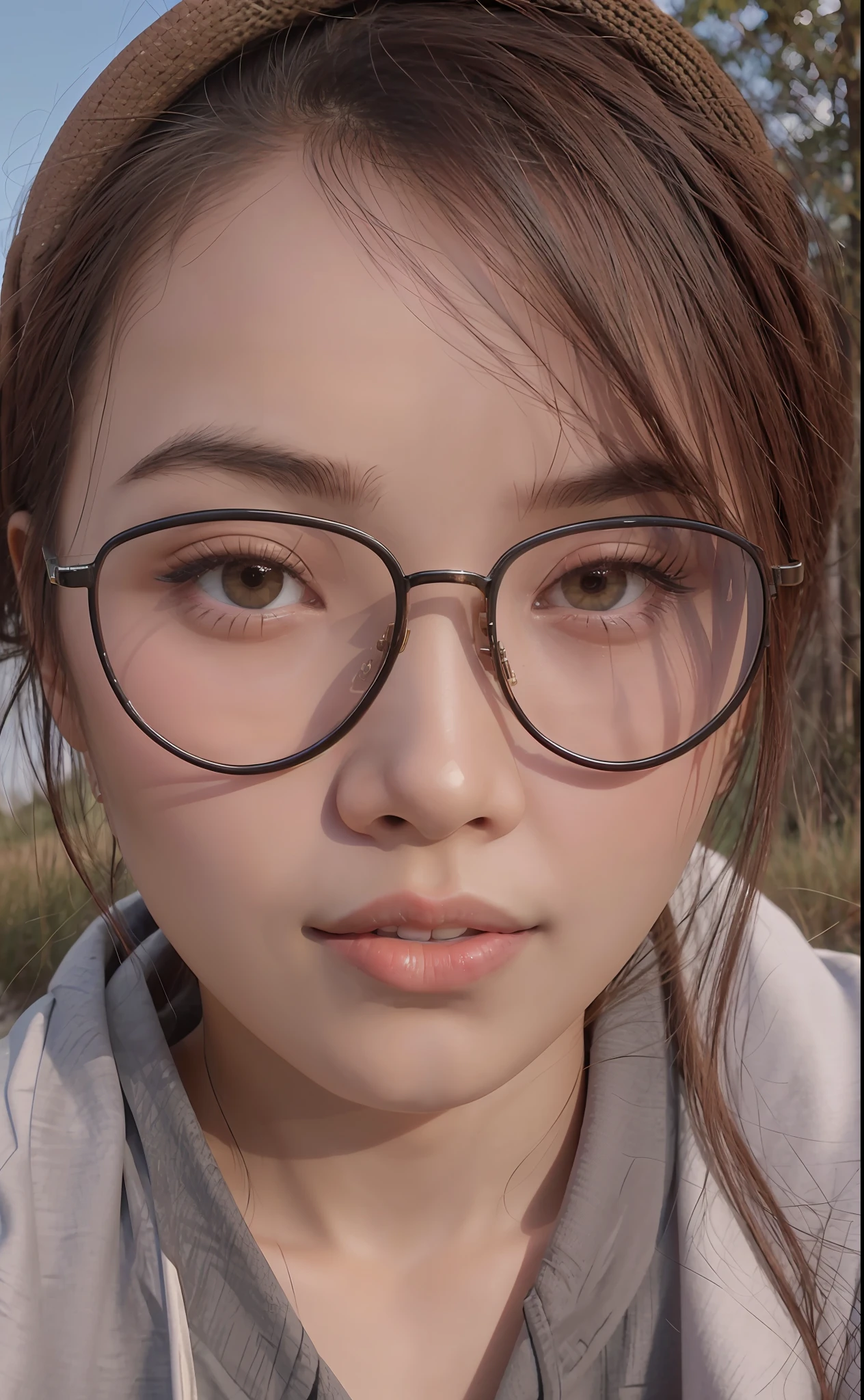 Simulation style, Chroma V5, midjourney art, 8k, real, realistic people, rich details, Asian 25-year-old three-dimensional mixed-race girl with black sunglasses who can't see her eyes, fair skin, dark brown-red hair, looking into the camera, black hoodie, painter's hat on her head, smiling, makeup on her face, afternoon sun hitting her face, background by a stream --auto --s2