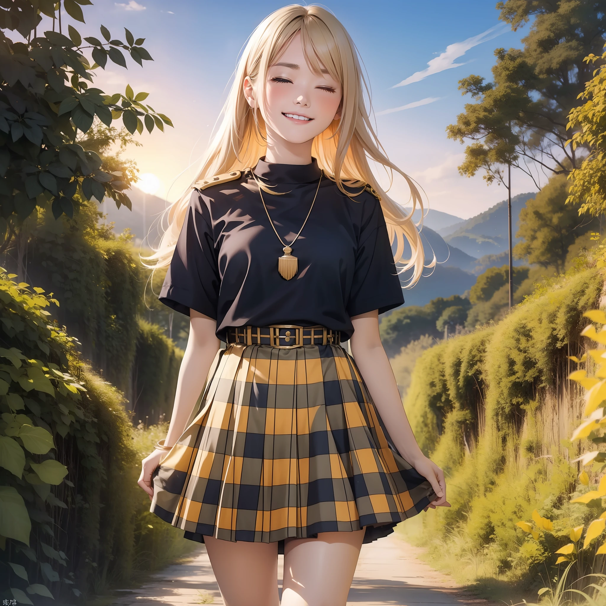 Top Quality, Best Masterpiece, 1 Woman, Solo, 18 Years Old, (Close Eyes: 1.4), Laugh with Open Mouth, Looking at the camera, long yellow shiny hair, white short-sleeved uniform, black loafers, argyle check skirt, blushing, hanging eyes, evening, lots of rice fields, big sunset, orange view, small necklace, full body