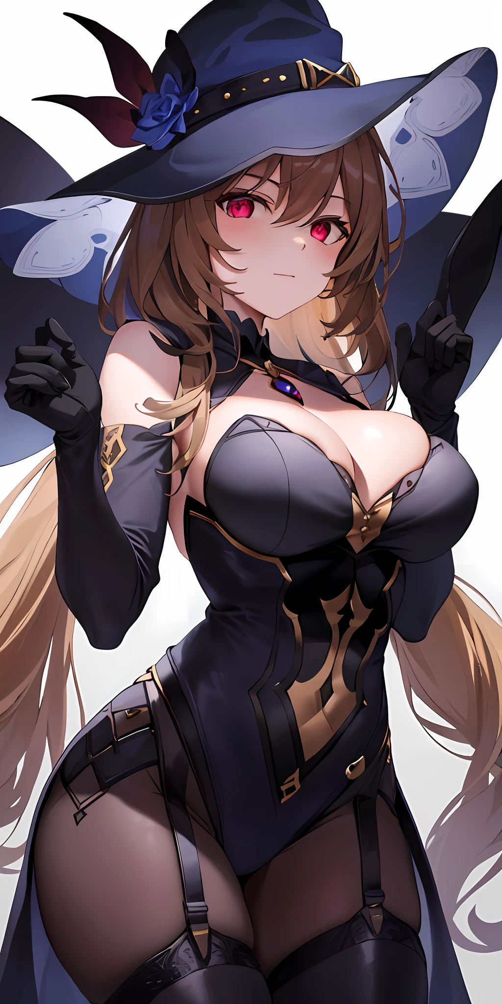 1girl, solo, large breasts, cleavage, thighs, (glowing red eyes), evil face, (black hat, black full bodysuit)