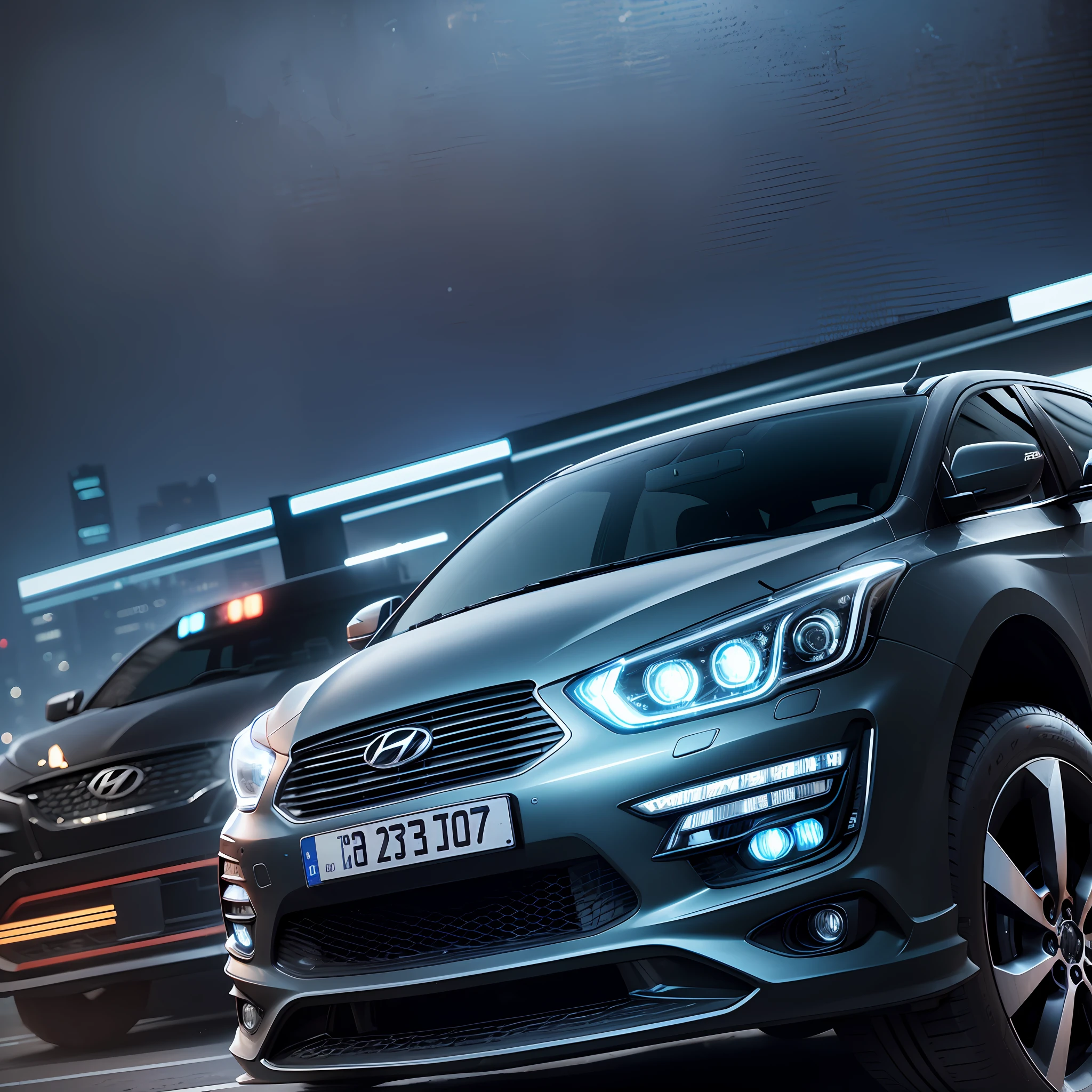 Hyundai I30 2010 black car at high speed, cutting the night in a futuristic city with flashing blue lights - neon lights, night environment, deserted street - Embedded in ultra-detailed resolution, incredible sharpness and extremely high contrast to get the best quality - cinematic style and dynamic perspective --auto --s2
