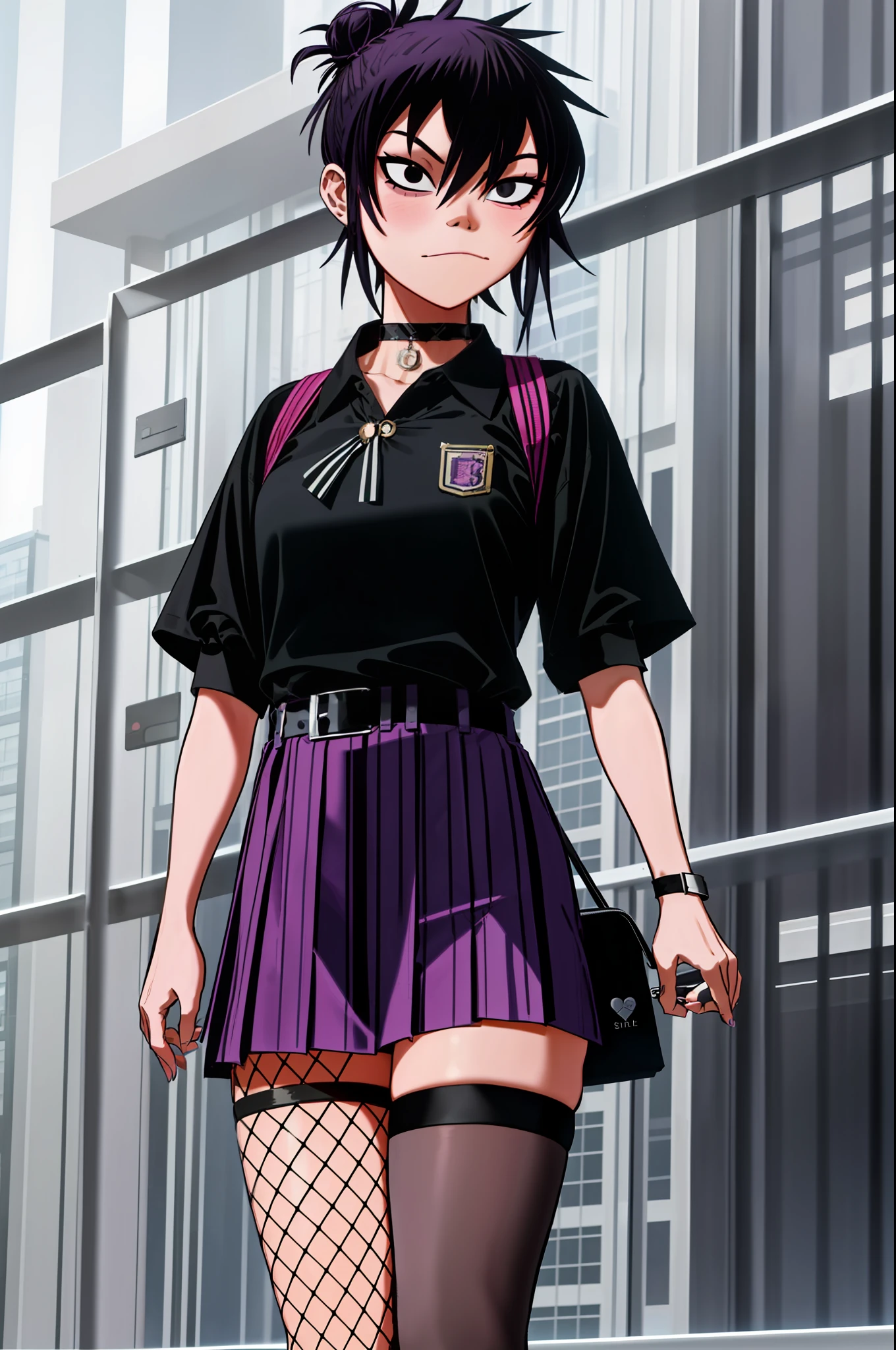 noodle (gorillaz), masterpiece, best quality, 1girl, solo, hair between eyes, black shirt, thighhighs, shirt, purple hair, skirt, striped, choker, belt, long sleeves, black skirt, layered sleeves, cowboy shot, chain, blush, black thighhighs, cross, medium hair, black choker, looking at viewer, bangs, o-ring, badge, sleeves past wrists, bag, short over long sleeves, short sleeves, standing, fishnets, striped sleeves, closed mouth, alternate costume, cross print, thigh strap, pleated skirt, hair bun, collar, backpack