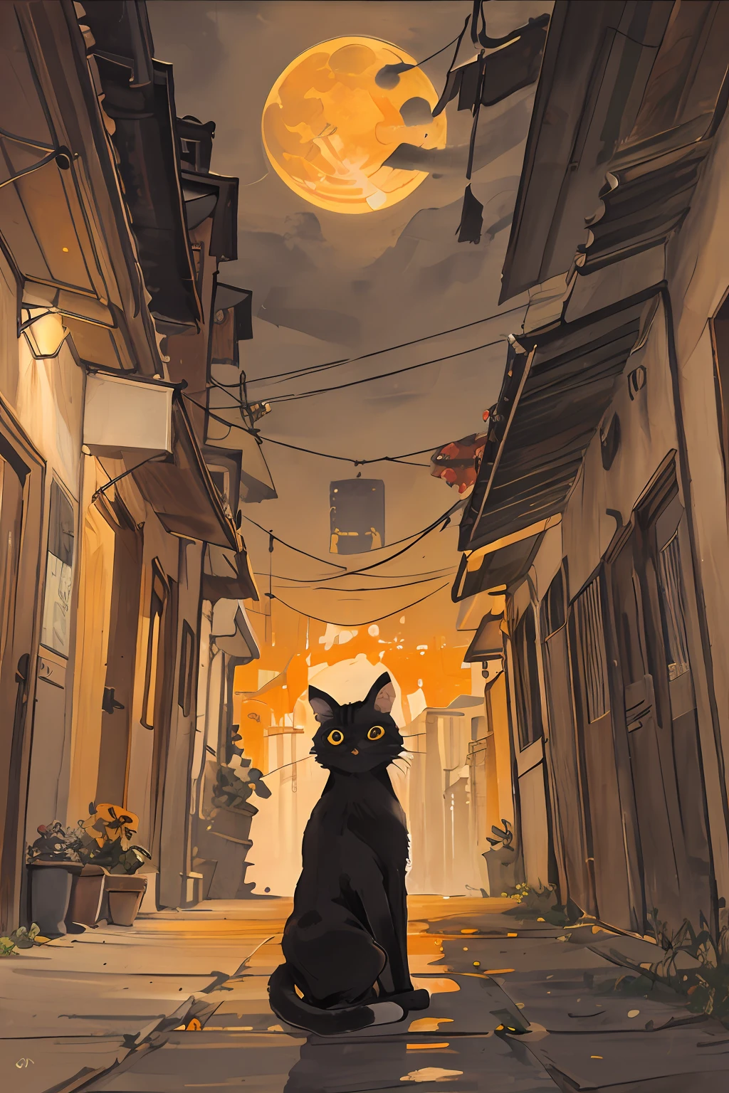 cat,orange,cute,big eyes,masterpiece,full moon,alley