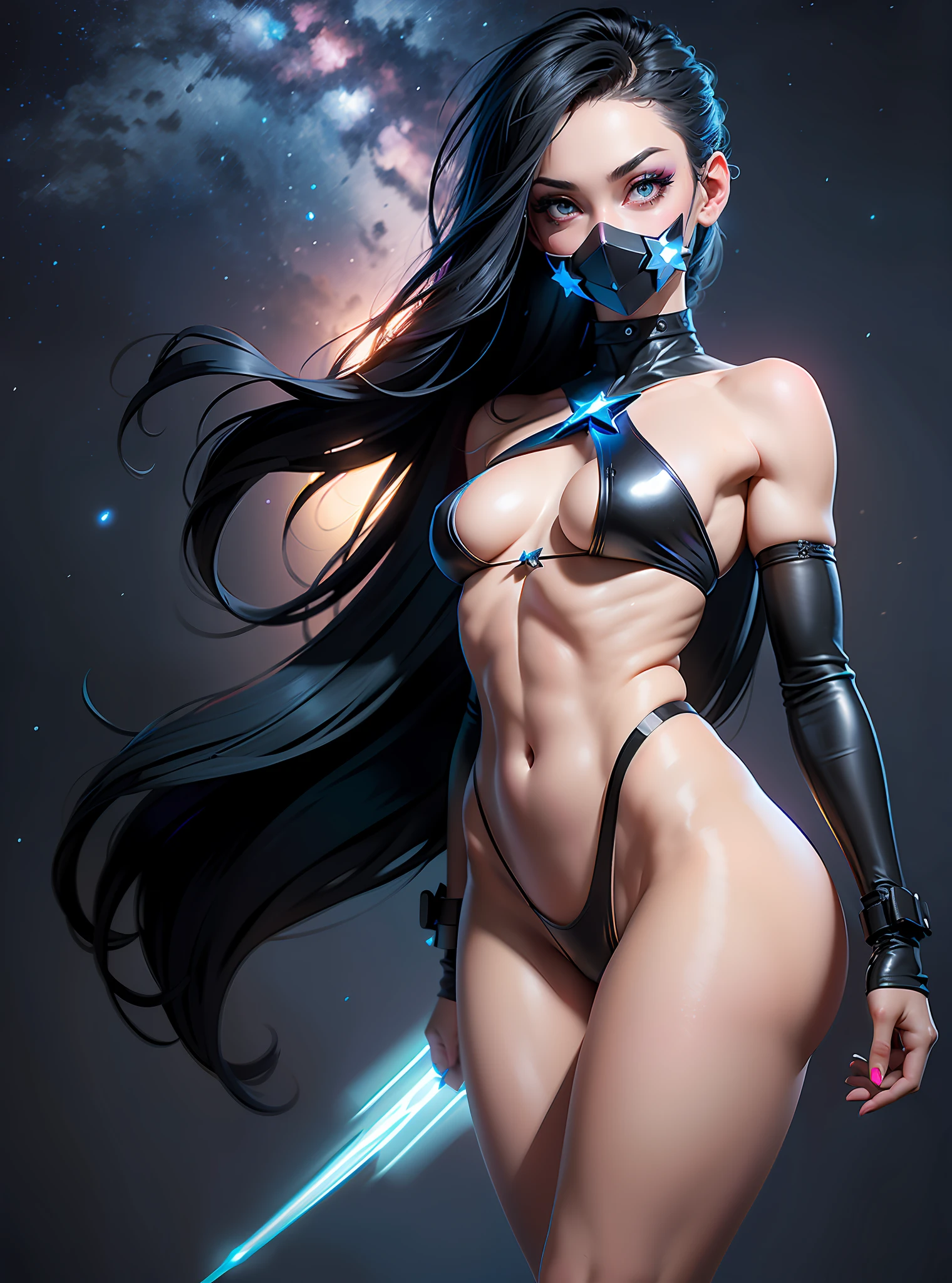 ((Best Quality)), ((Masterpiece)), ((Realistic)) and ultra-detailed photography of a girl with goth colors. She has ((shadow abyss hair)), (pale skin tone) wears a (small black micro-thong, black micro-bikini:star motif ) , ((beautiful and aesthetic)), muscular fit body abs, sexy, under-boobs, hot, (clear star filled sky background)
(clear background:1.35), (particles ,firefly, blue glowing):1.3,