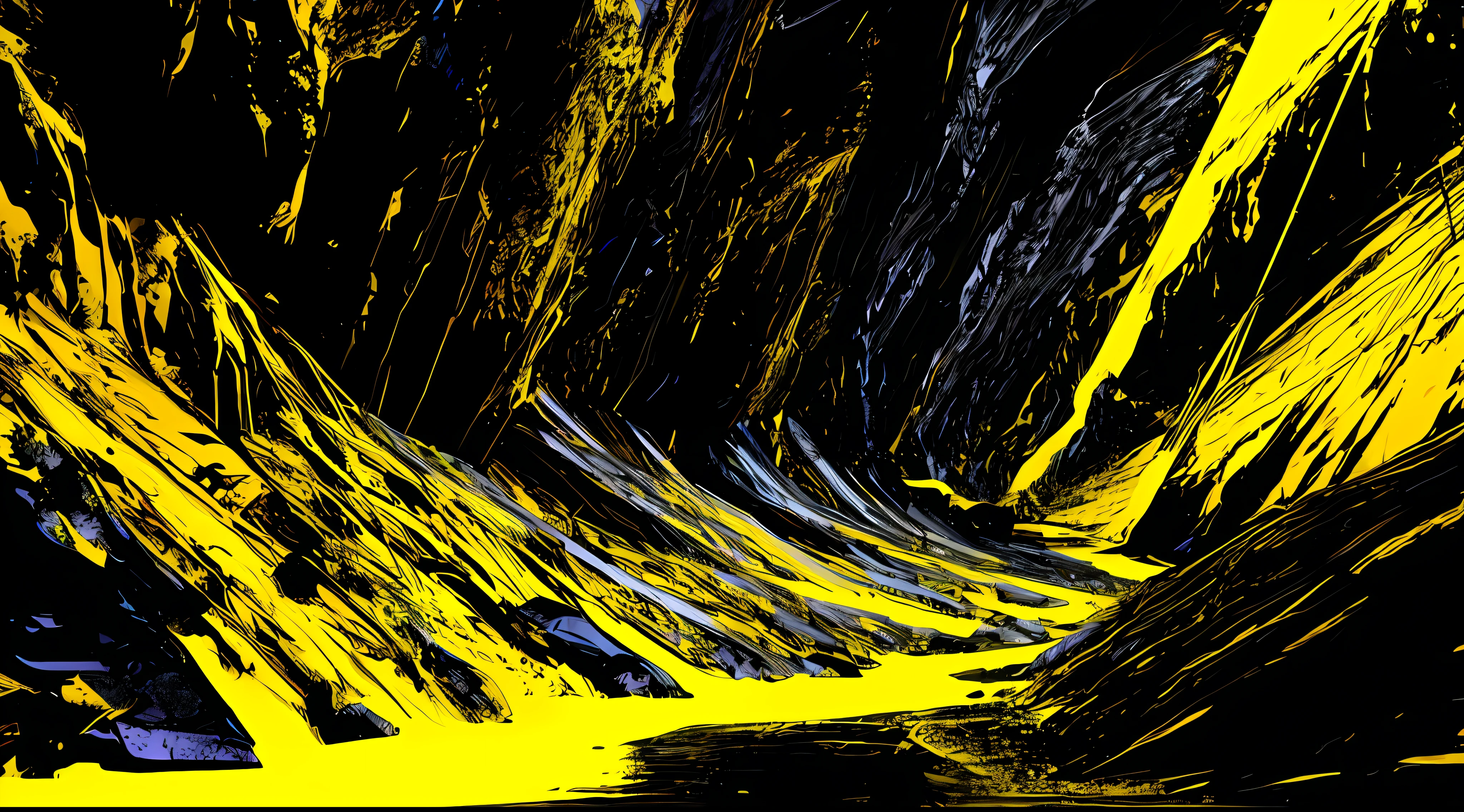 yellow and black, dark caves in the mountains, in the style of Mork Borg, strong contrast, grunge dirty punk splash art, black metal zine, punk color splash background